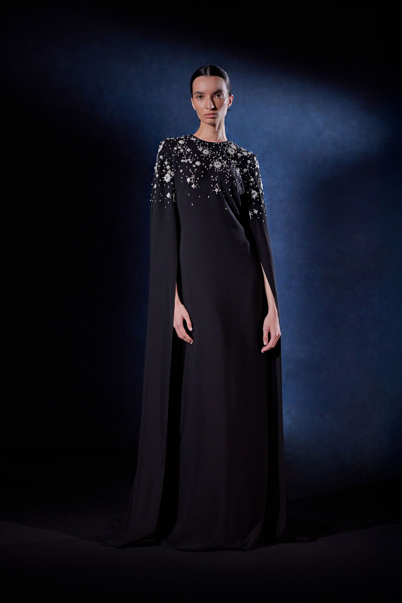 black embellished long-sleeve gown