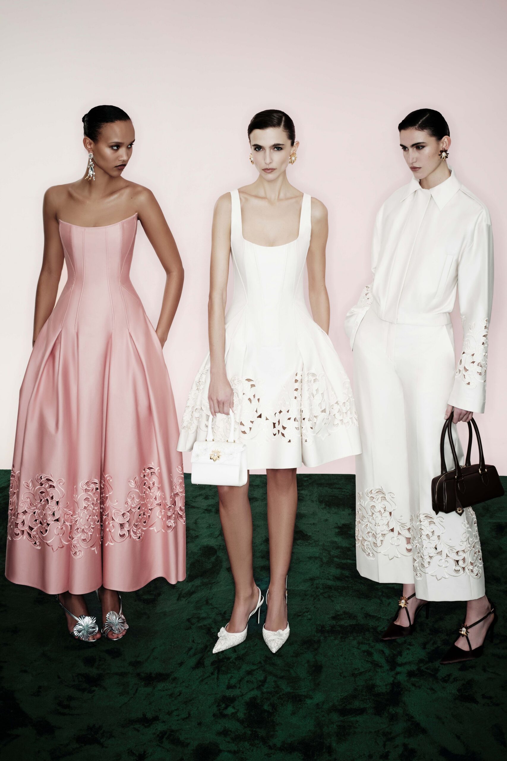 pink silk gown and white dresses