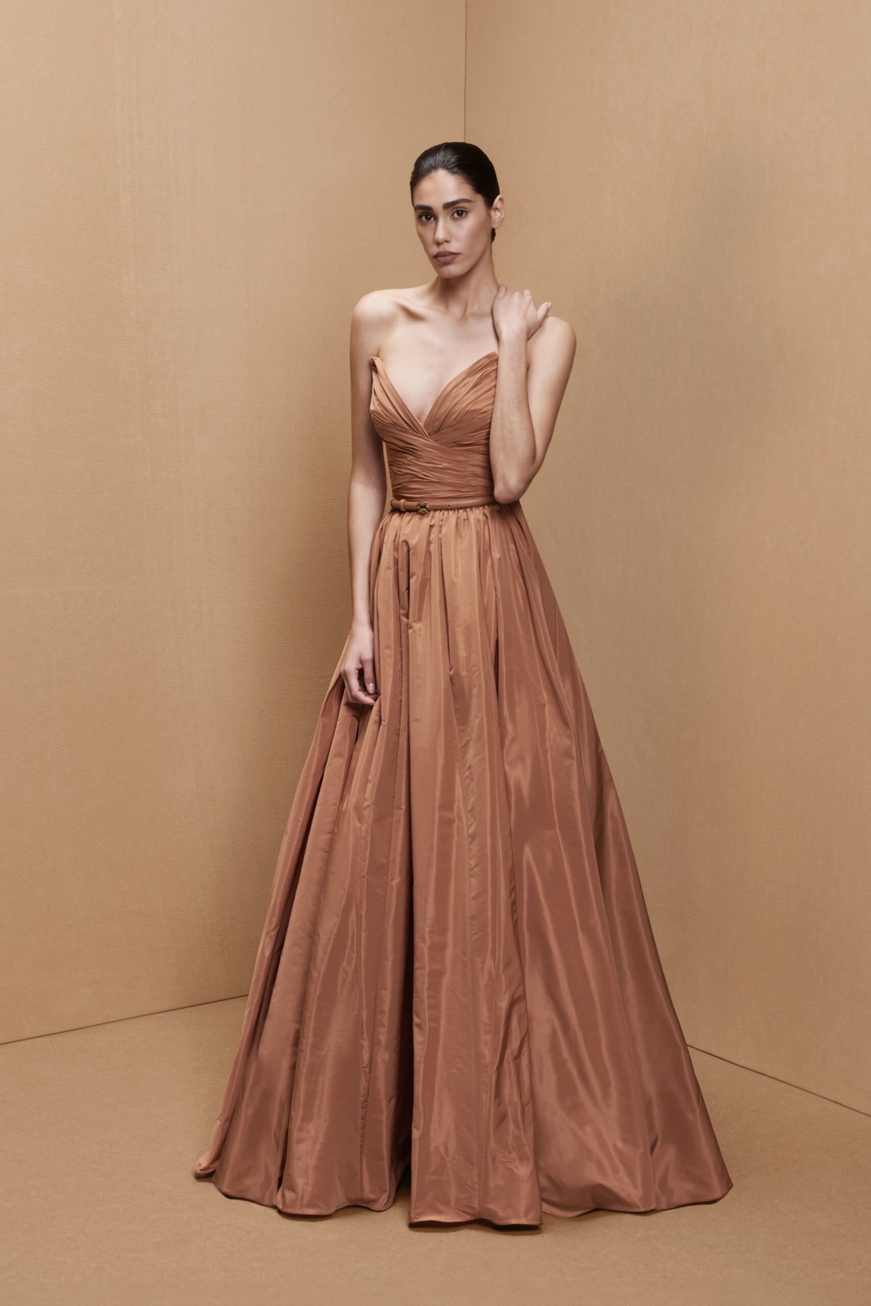 brown silk strapless gown