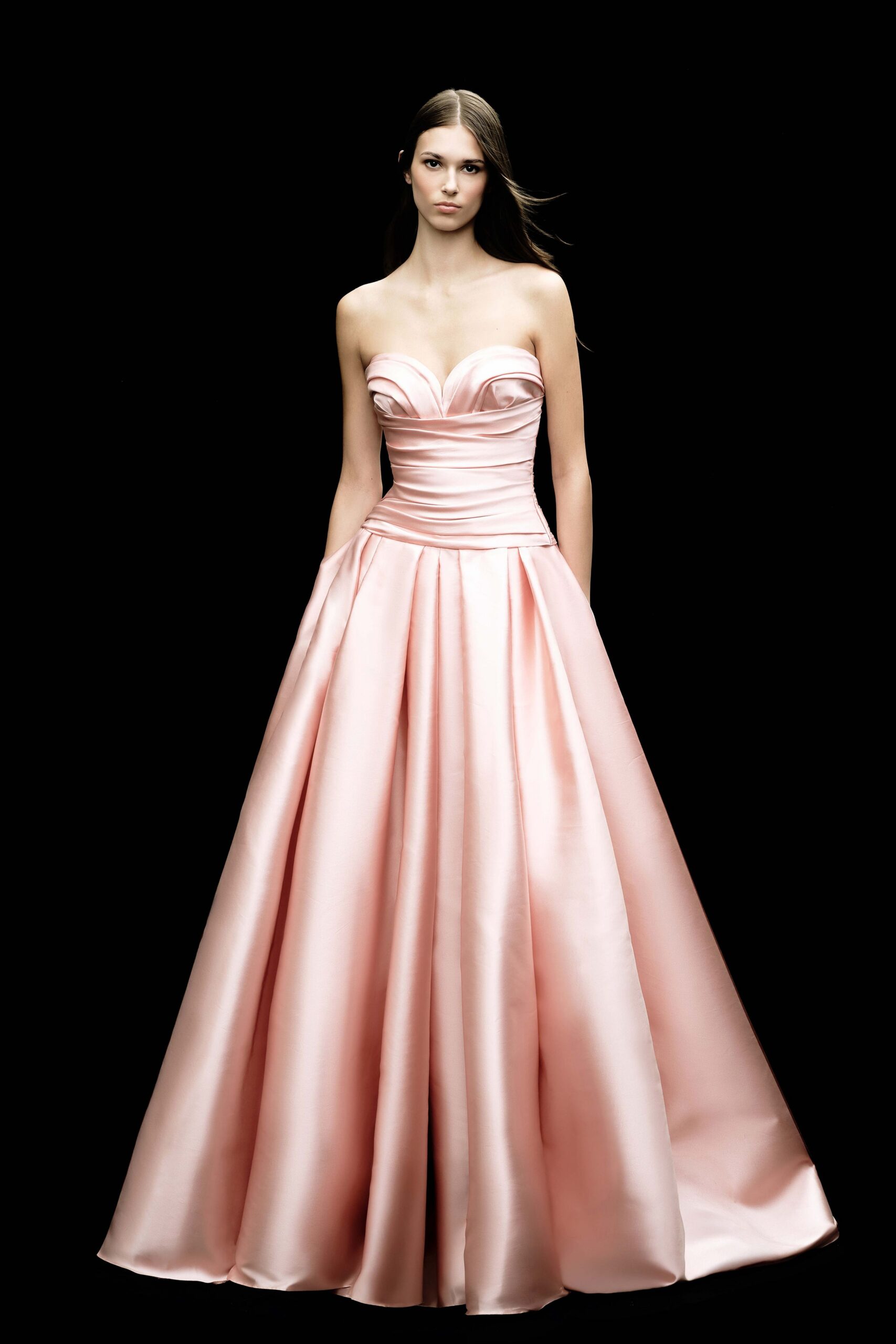 pink satin strapless gown