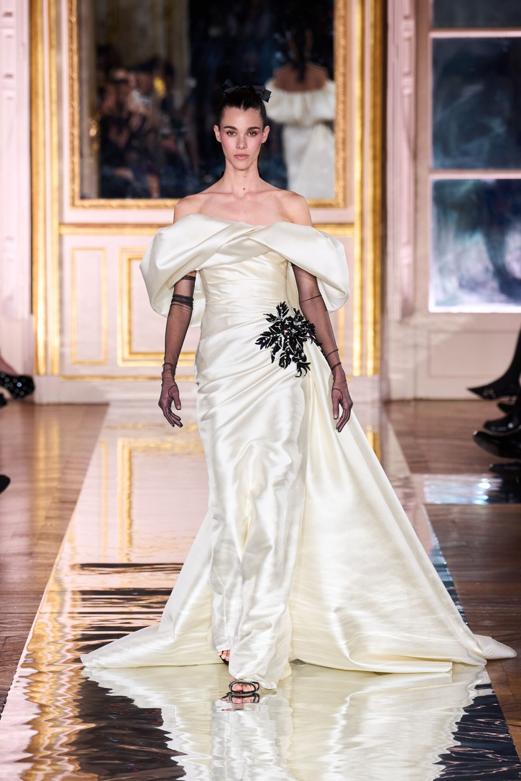white silk off-shoulder fitted draped embellished shiny gown
