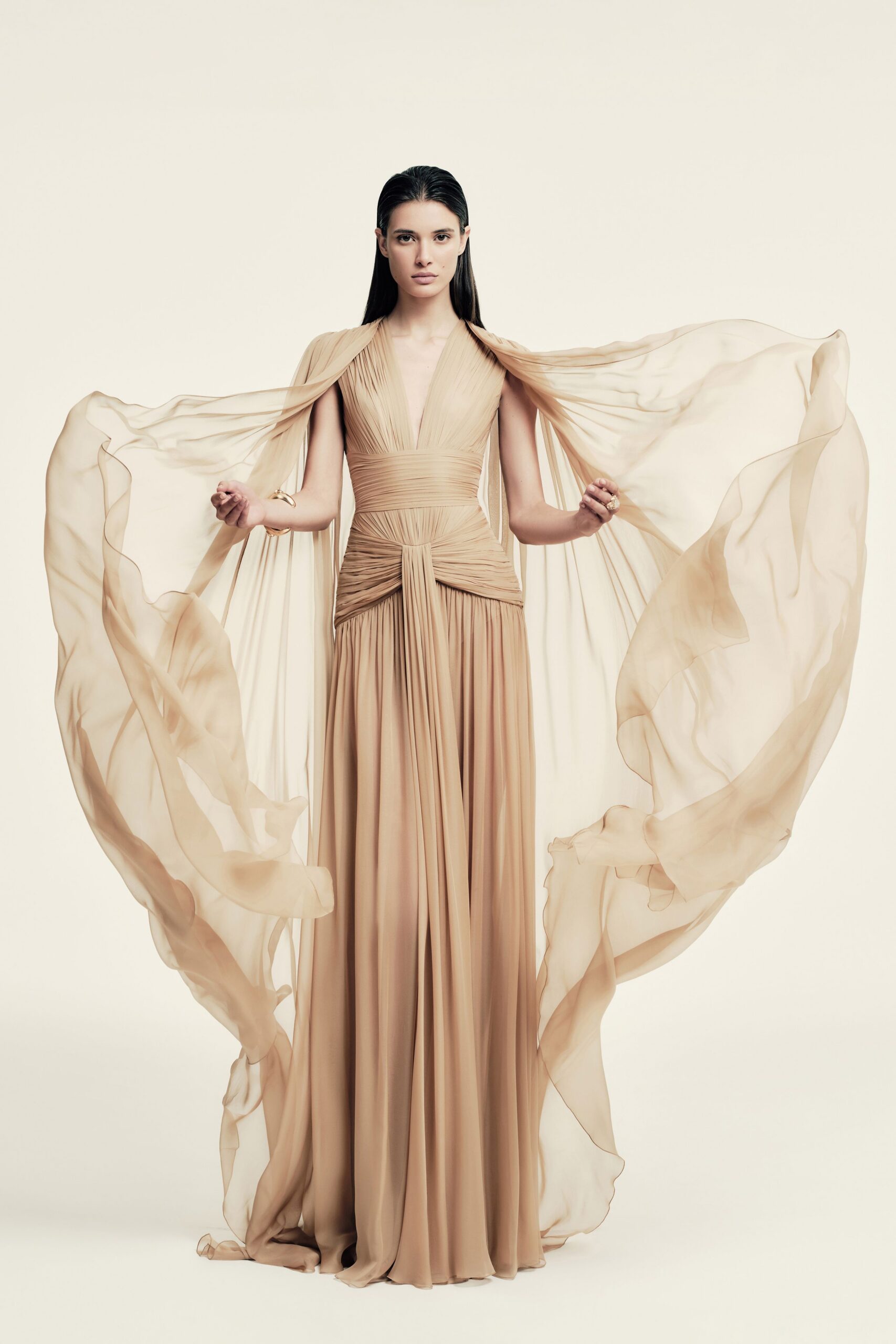 beige chiffon sleeveless gown