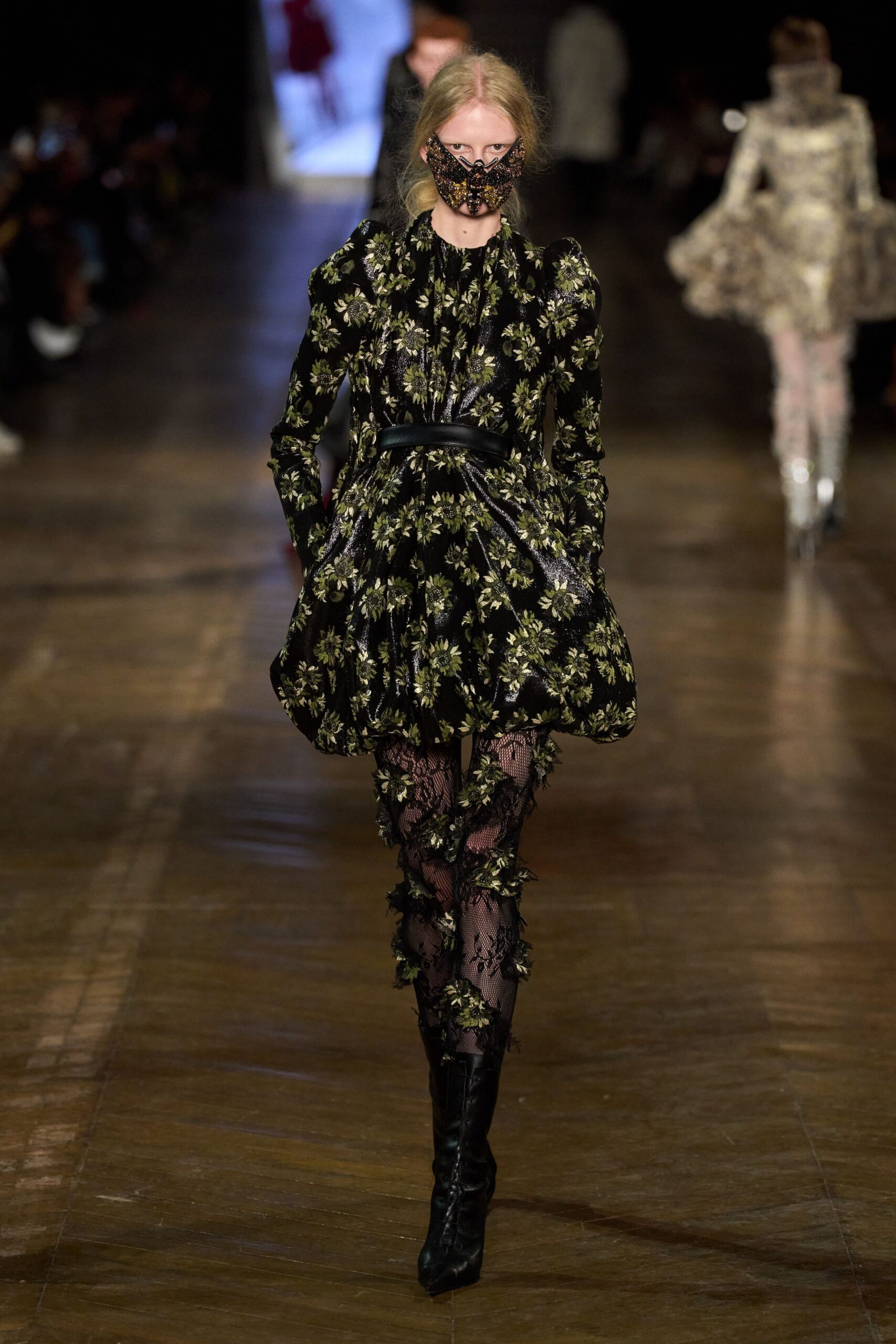 black embroidered mini dress with boots