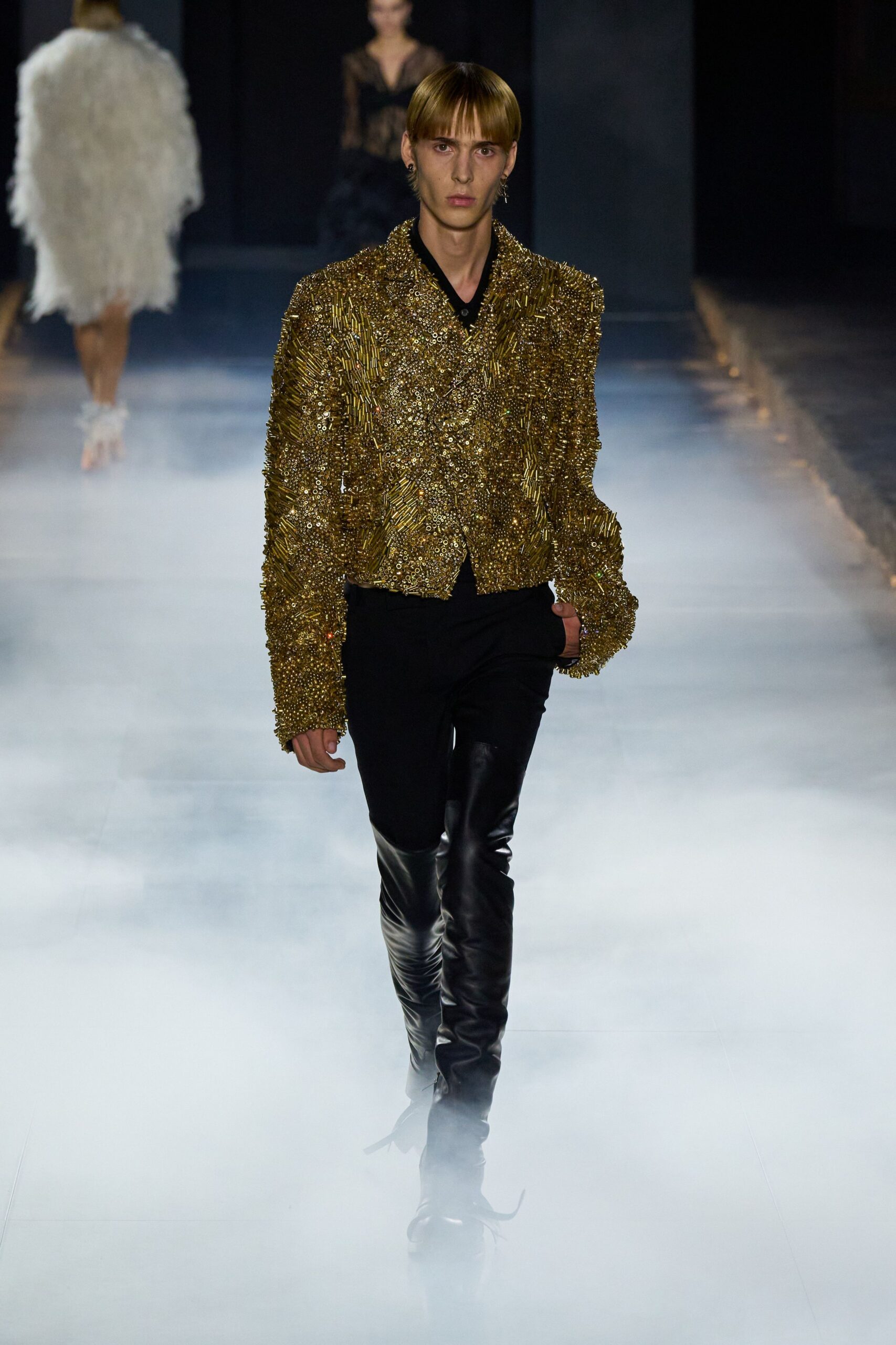 gold metallic long-sleeve collared structured embellished shiny jacket