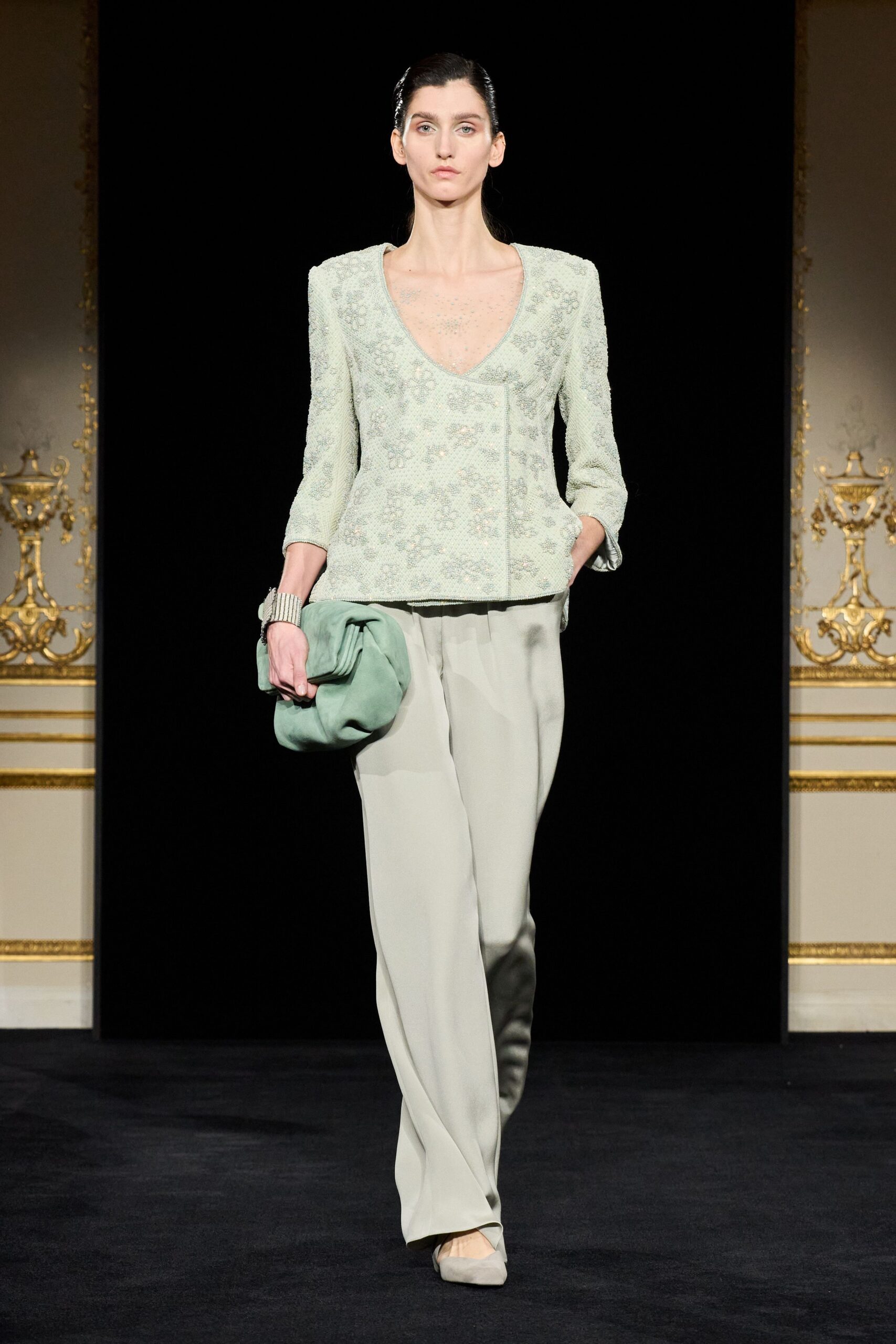 green silk long-sleeve v-neck tailored embroidered blazer