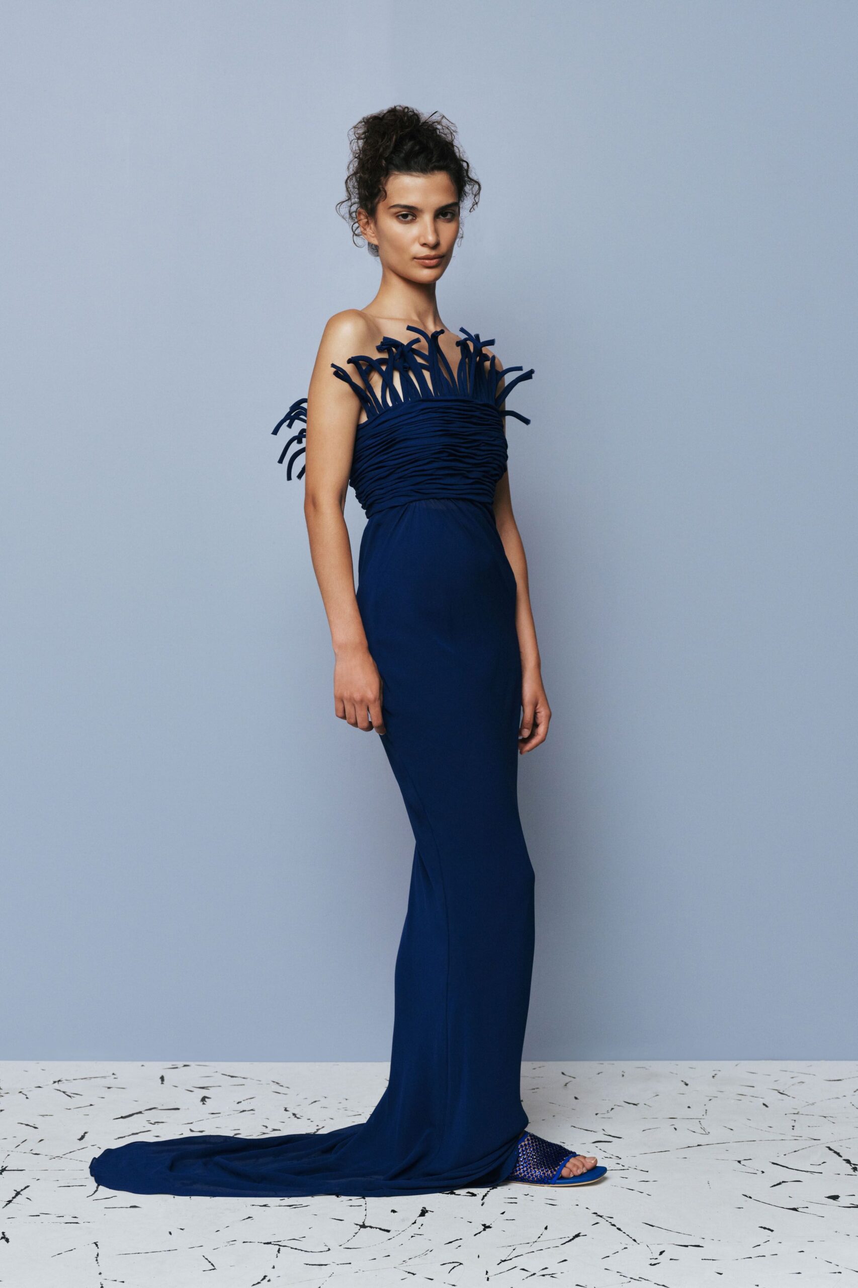 blue strapless ruched gown