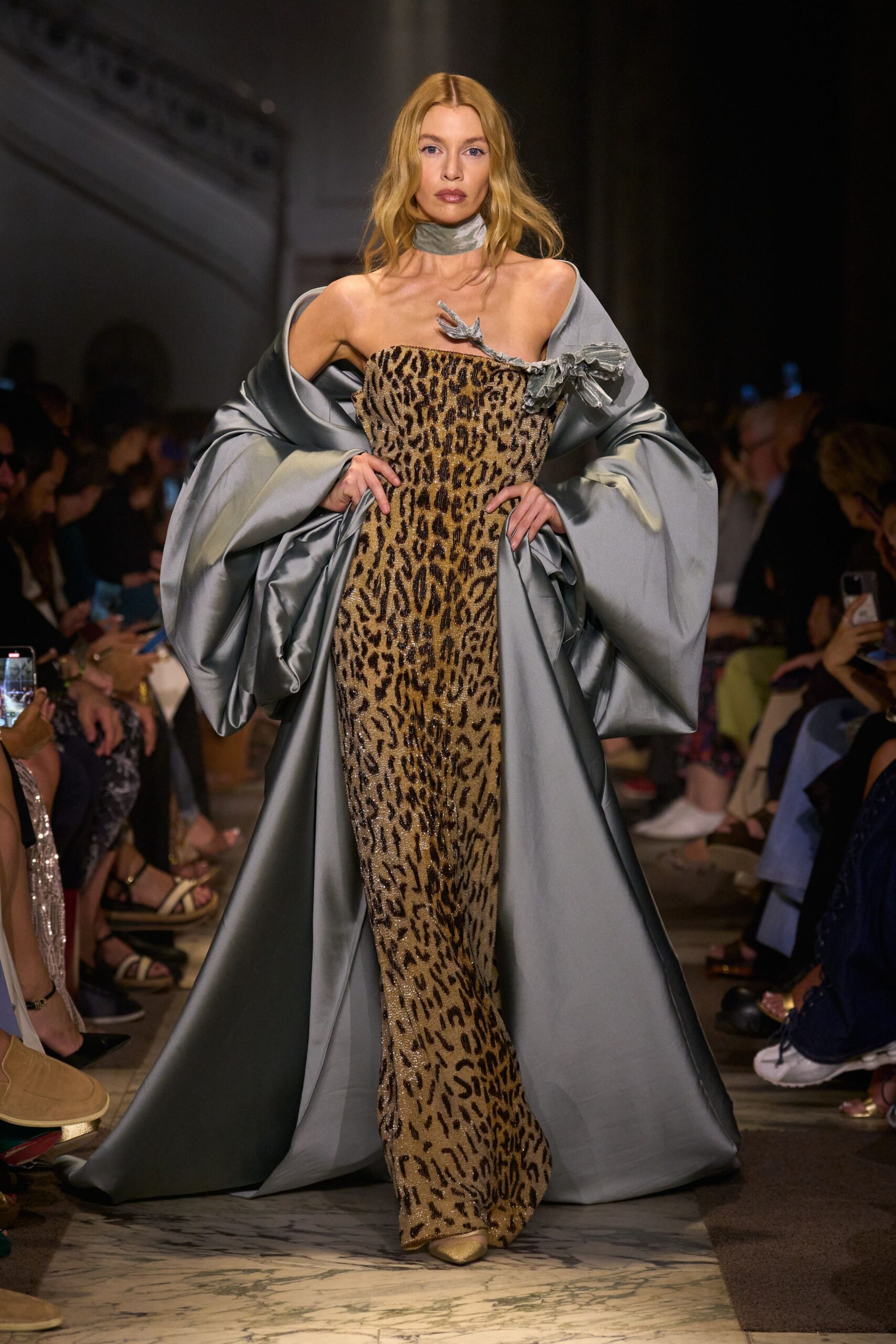 brown silk strapless fitted animal-print maxi gown