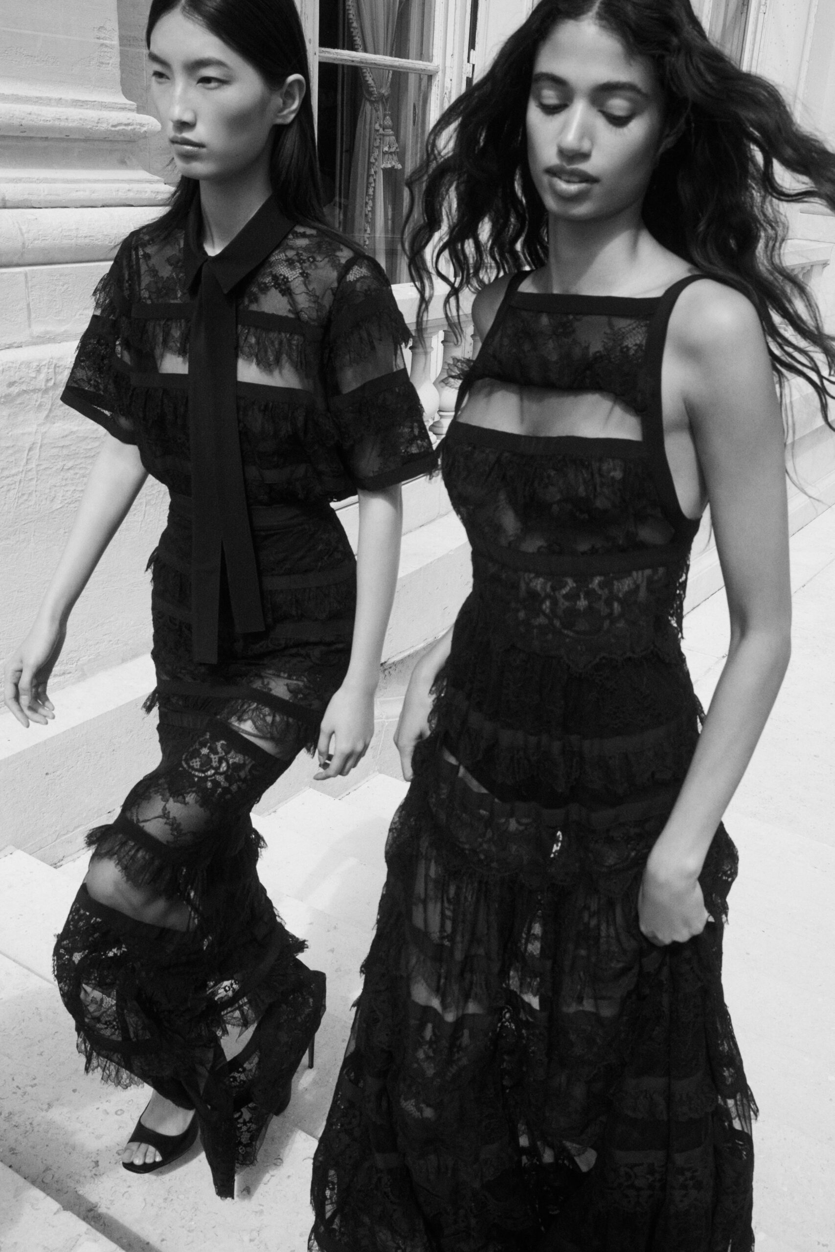 black lace sleeveless square-neck fitted tiered ruffled dress