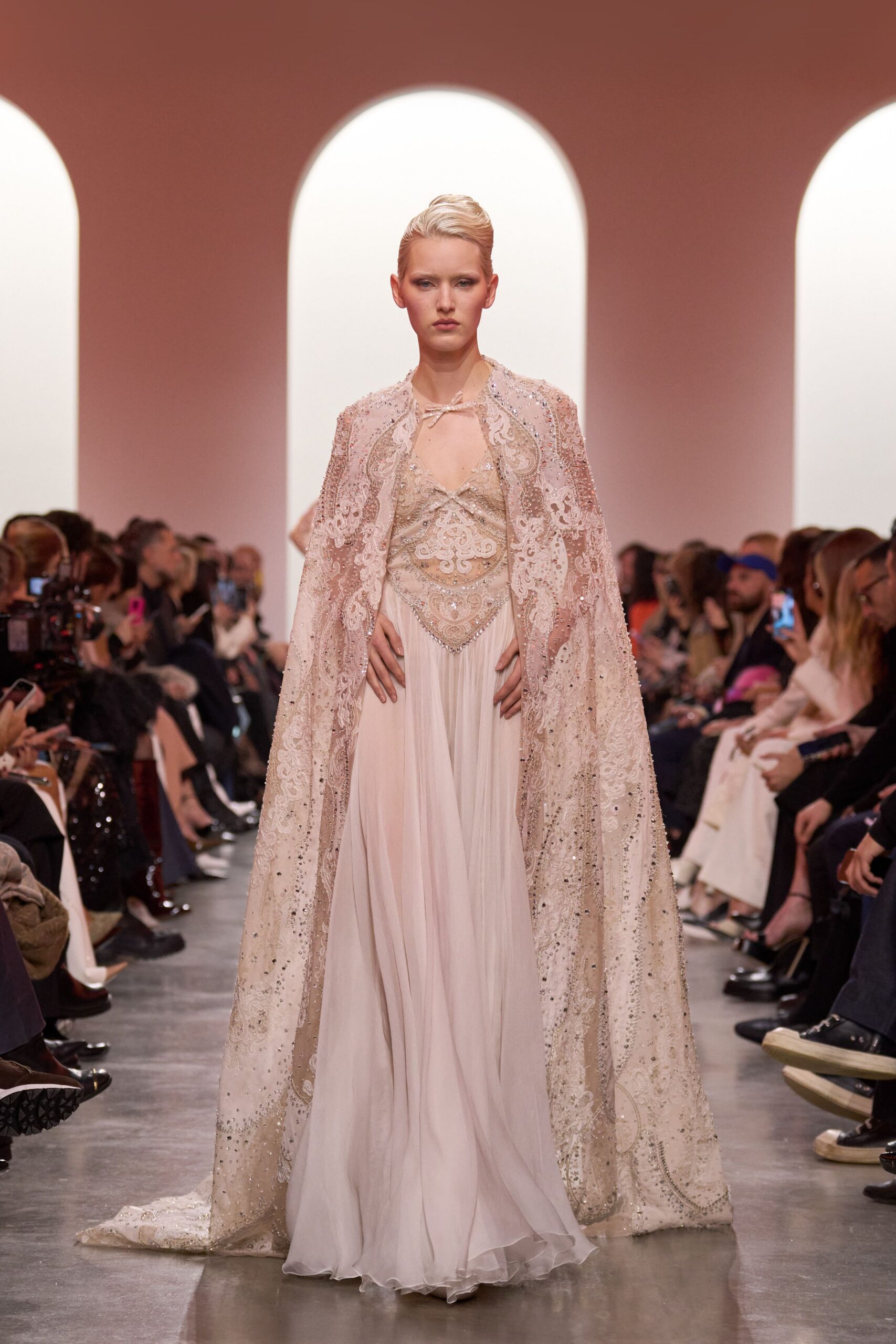 beige silk long-sleeve relaxed embroidered flowing cape