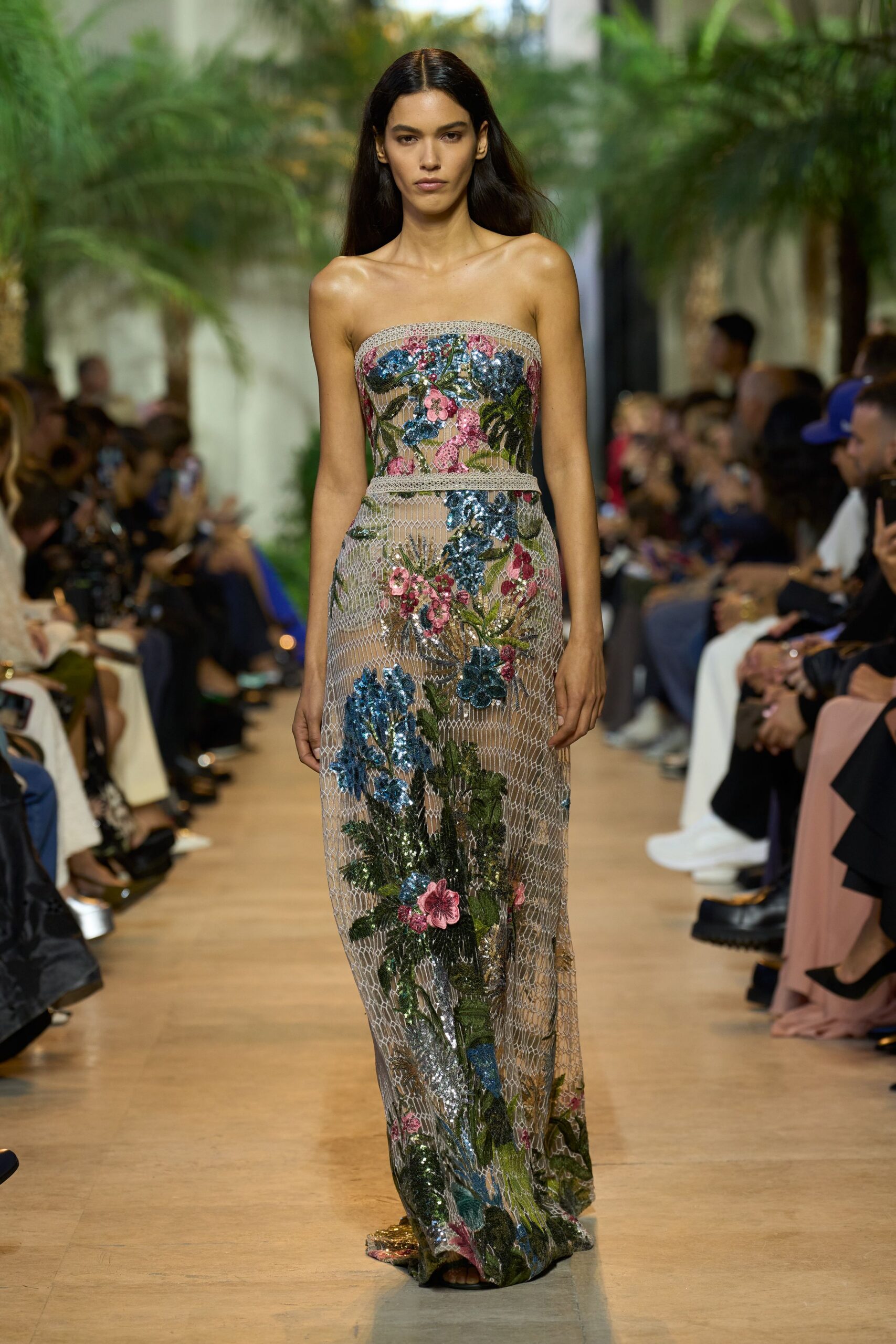 multi-colored embroidered lace gown