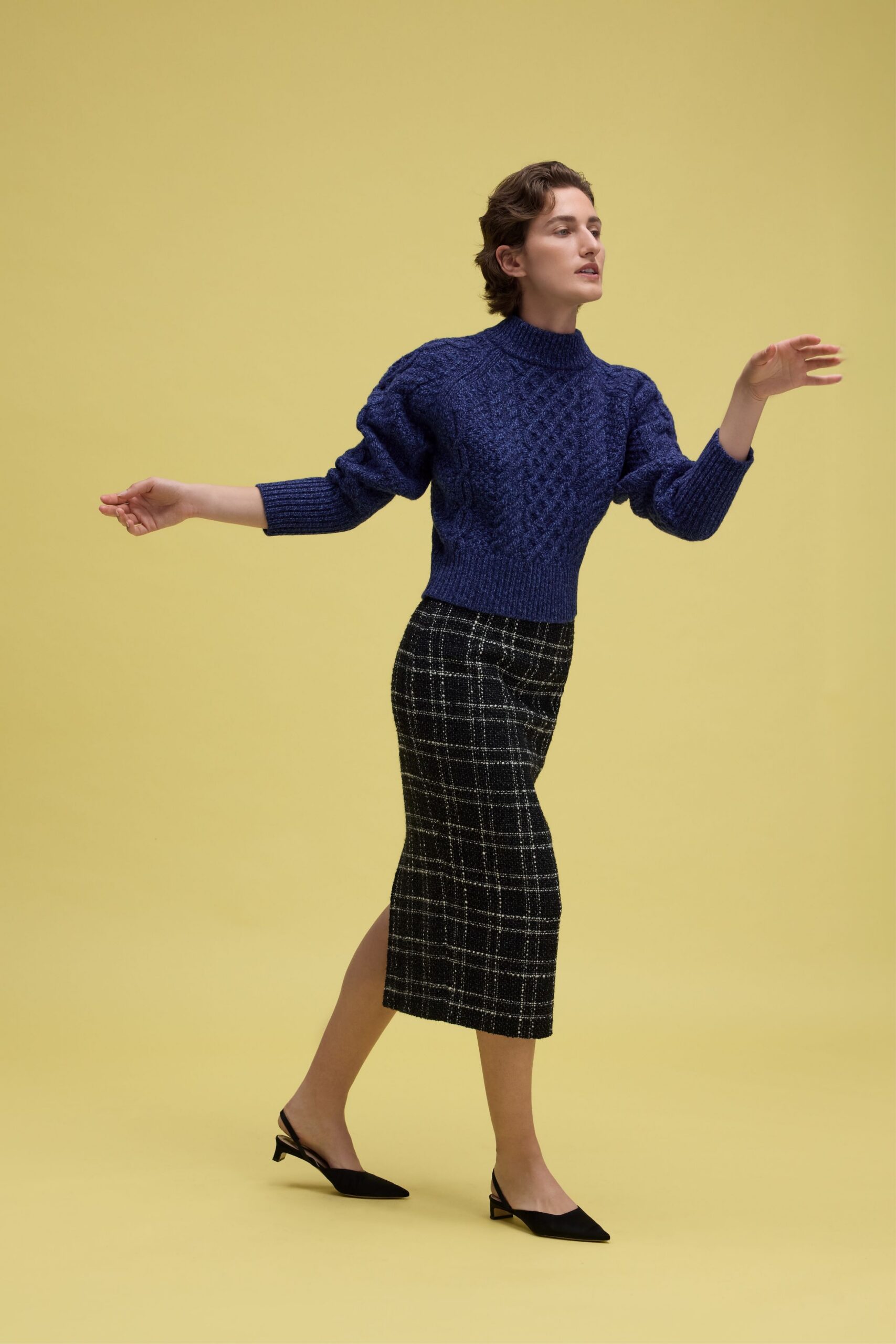 blue wool long-sleeve turtleneck fitted textured sweater