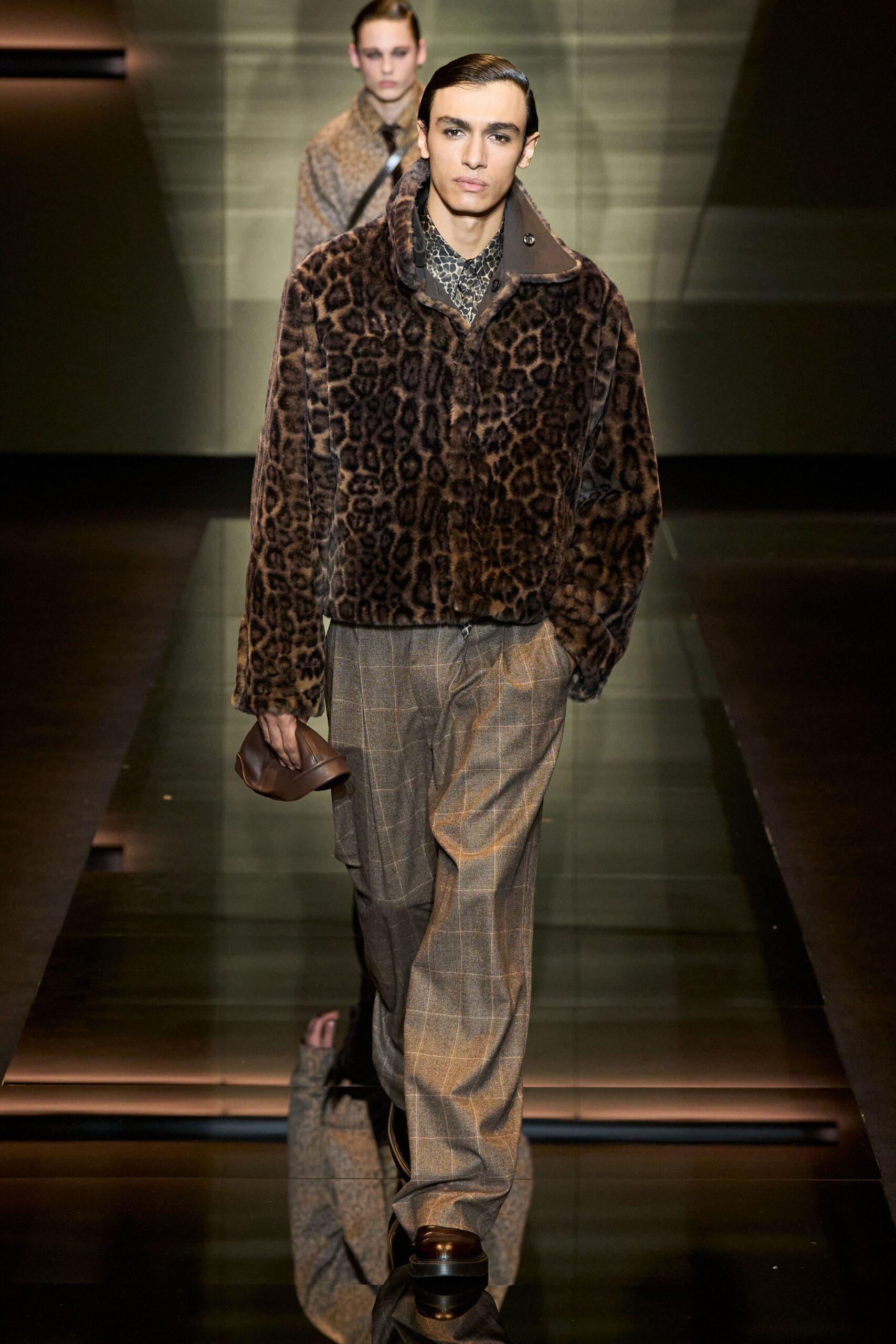 brown fur long-sleeve collared relaxed animal-print jacket