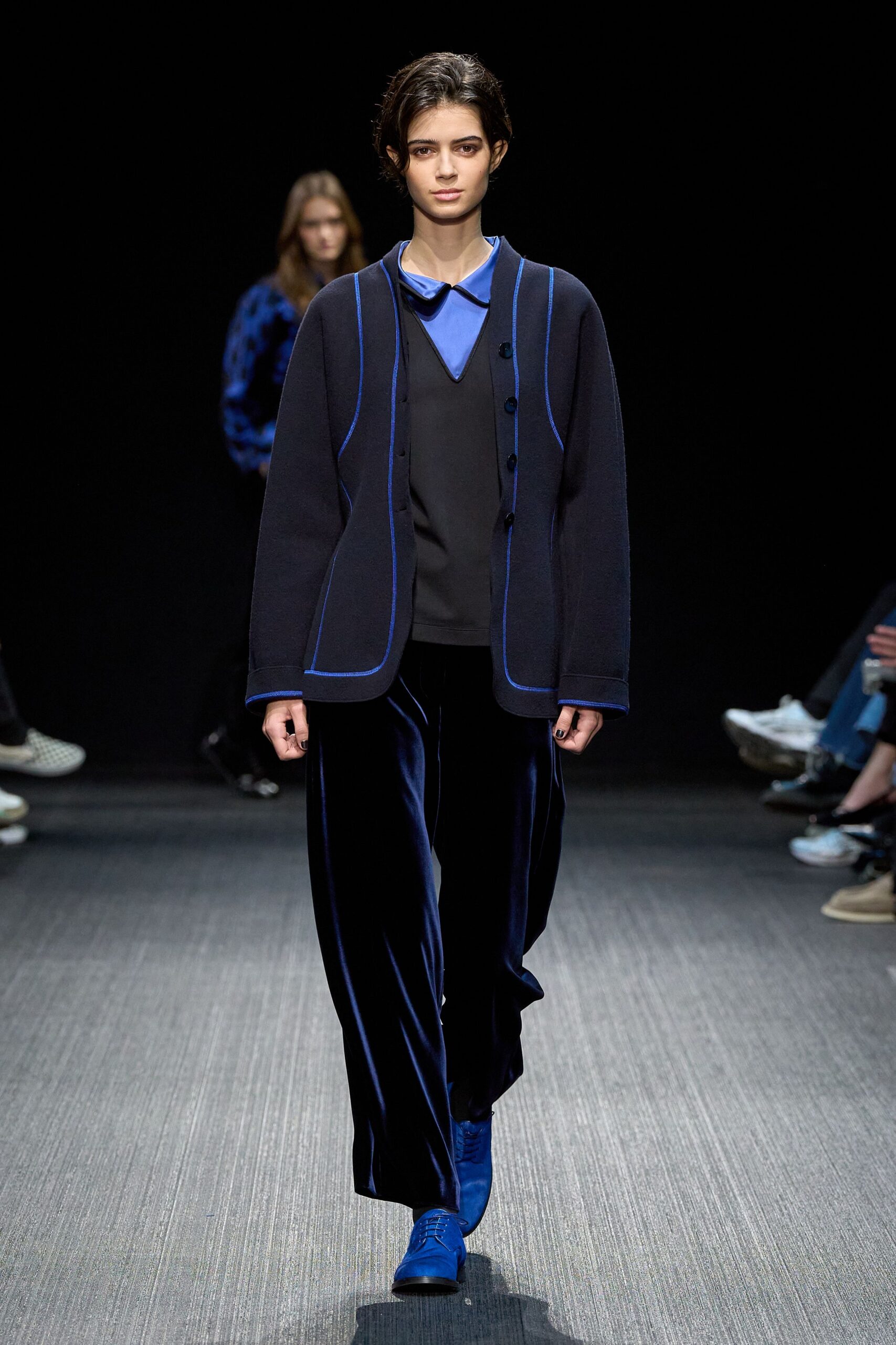 black and blue velvet outfit