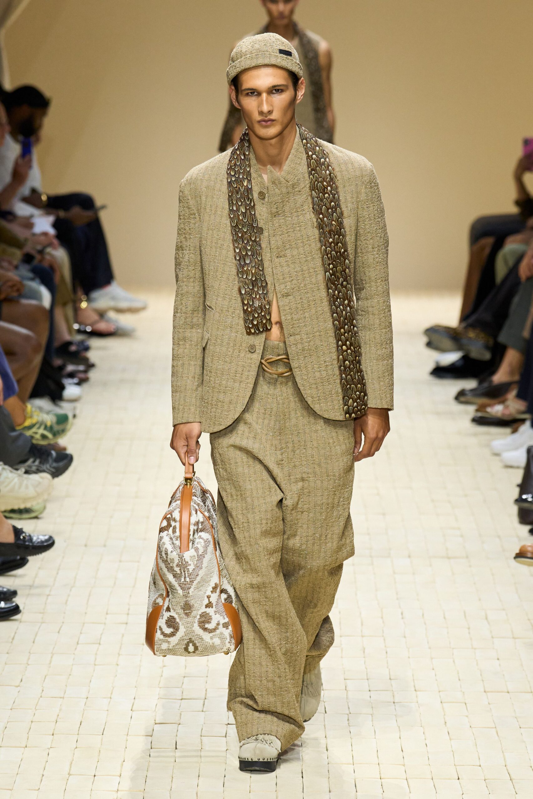 beige tailored suit with bag