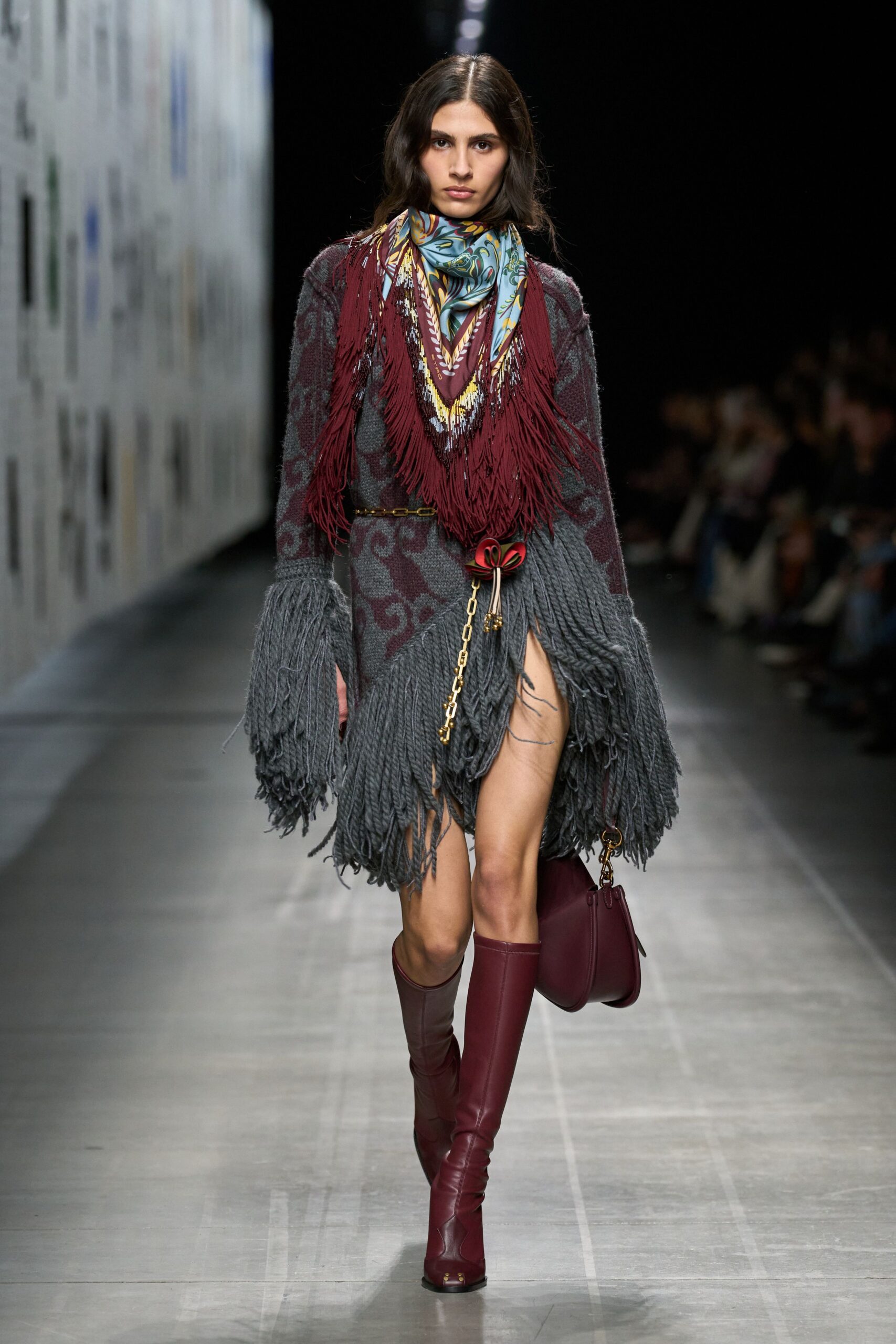 gray wool long-sleeve v-neck fitted fringed layered dress