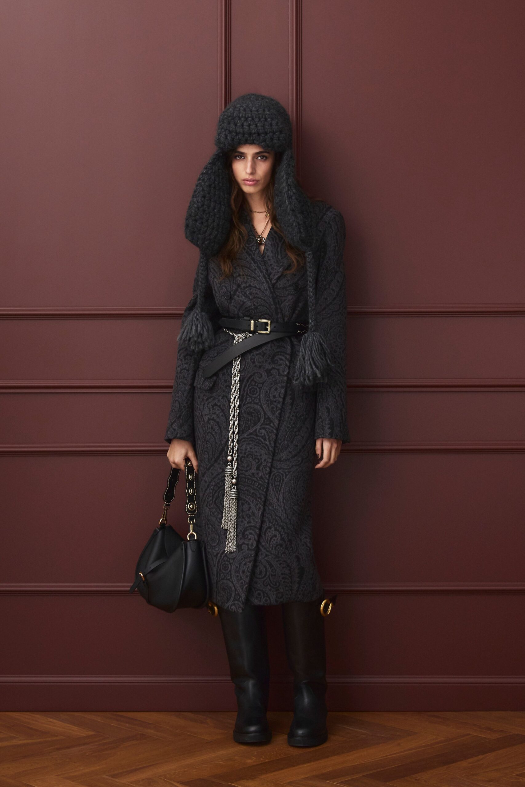 black wool long-sleeve collared fitted belted embroidered coat