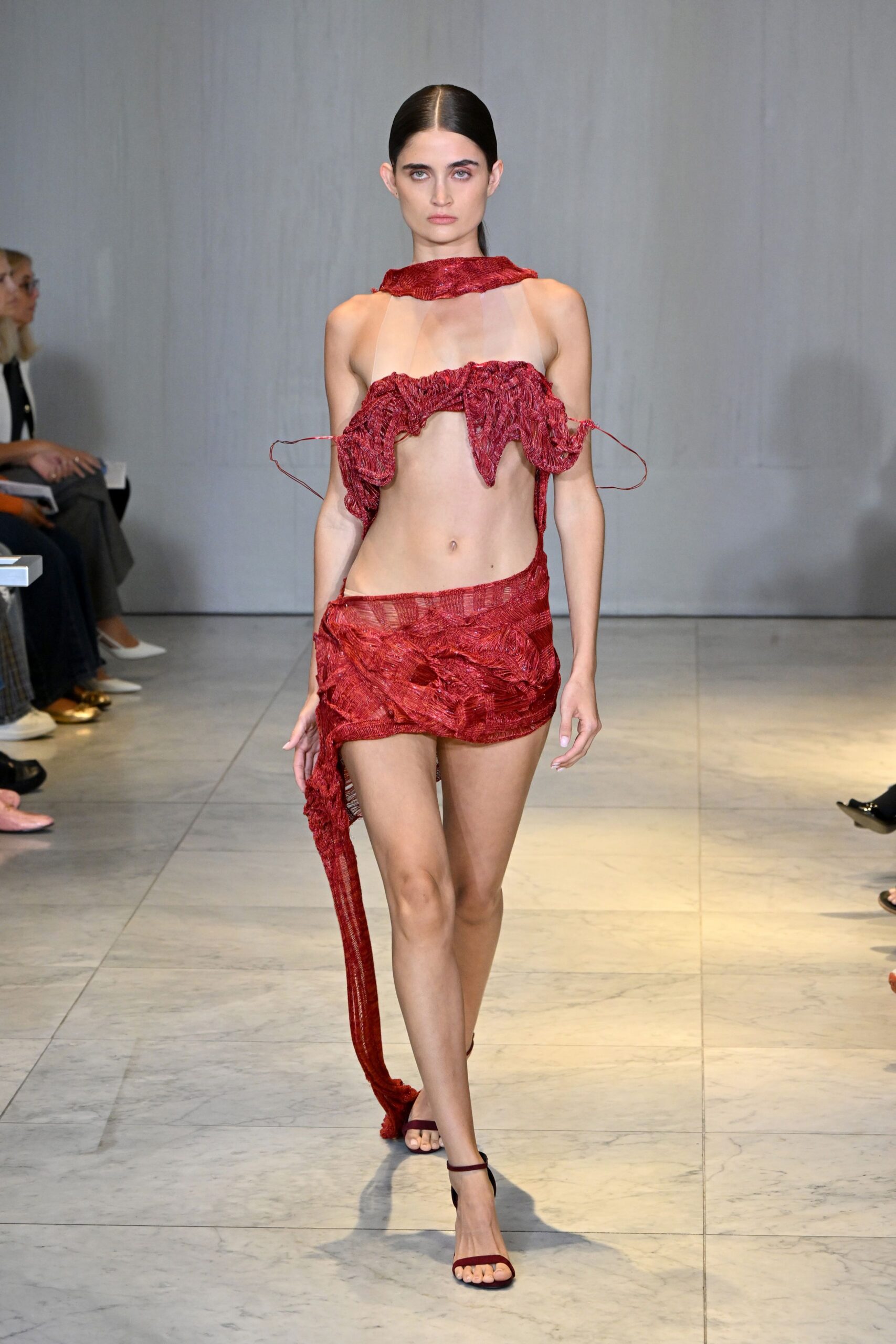 red silk sleeveless off-shoulder fitted ruffled top