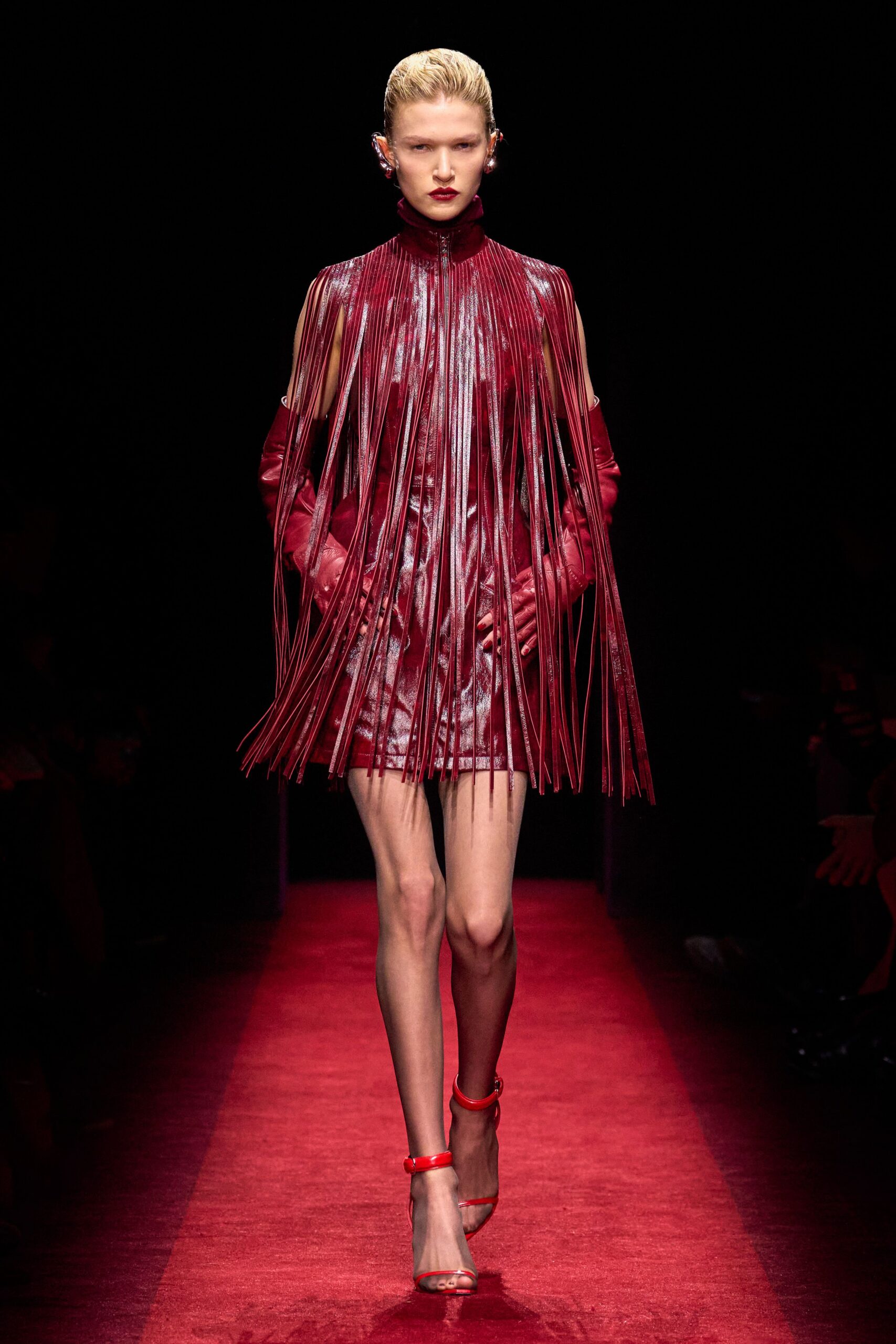 red leather sleeveless high-neck fitted fringed mini dress