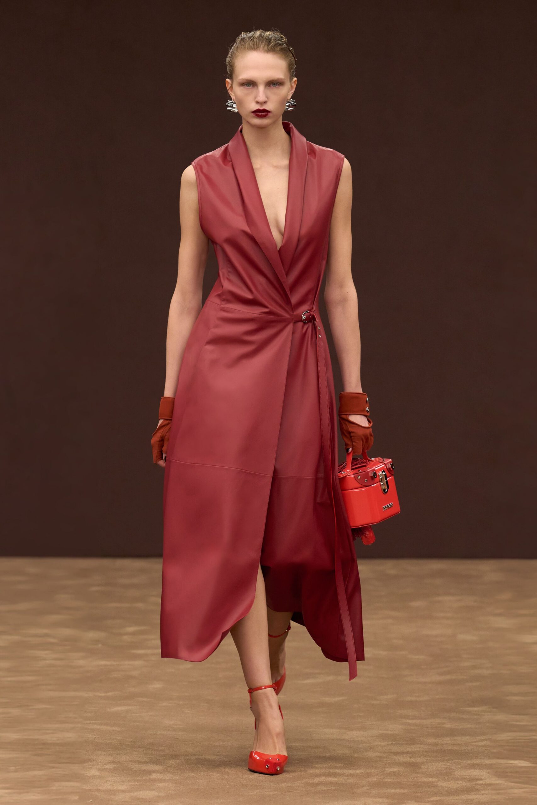 red silk sleeveless v-neck fitted draped shiny dress