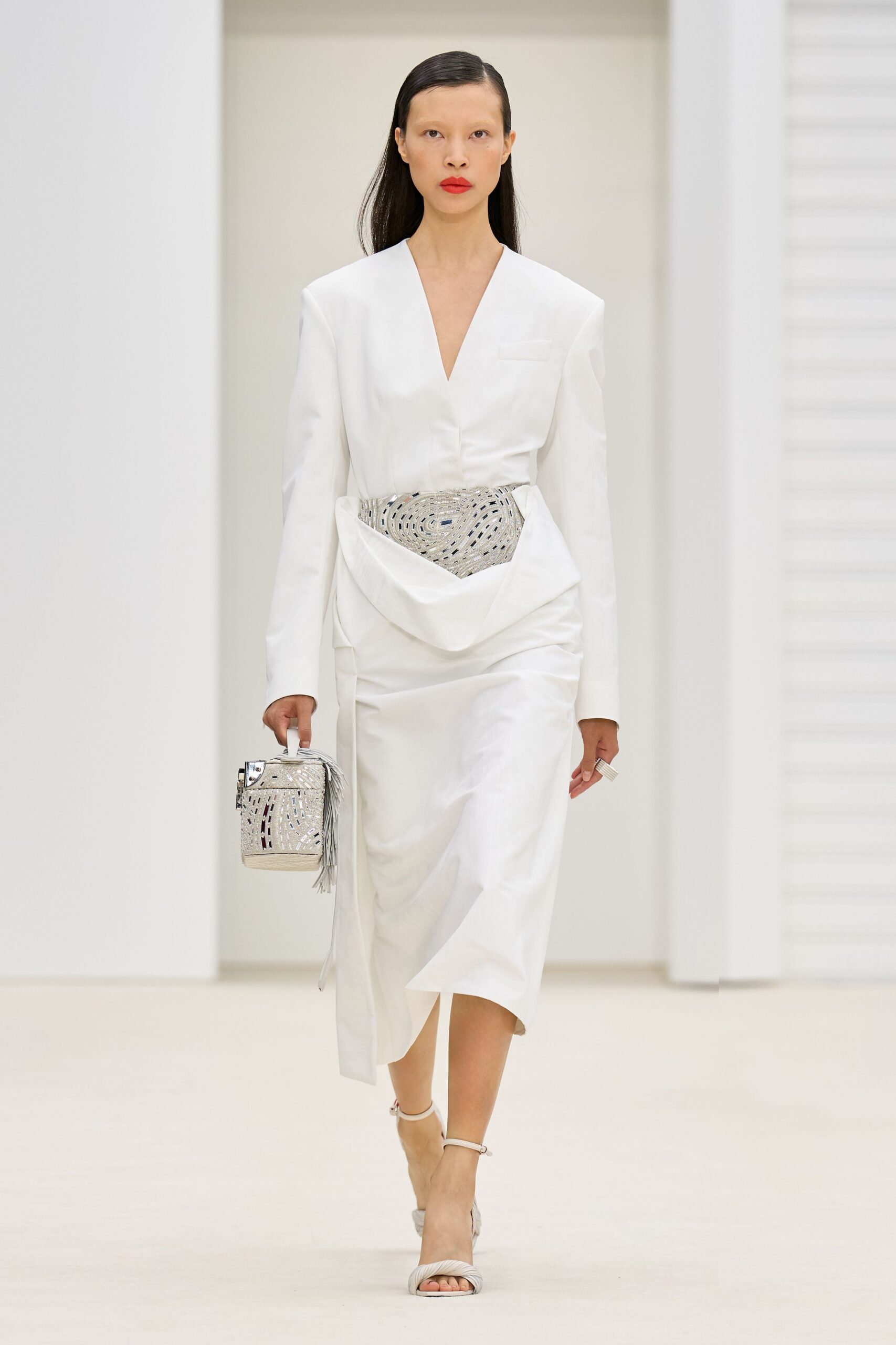 white silk long-sleeve v-neck fitted ruched belted dress