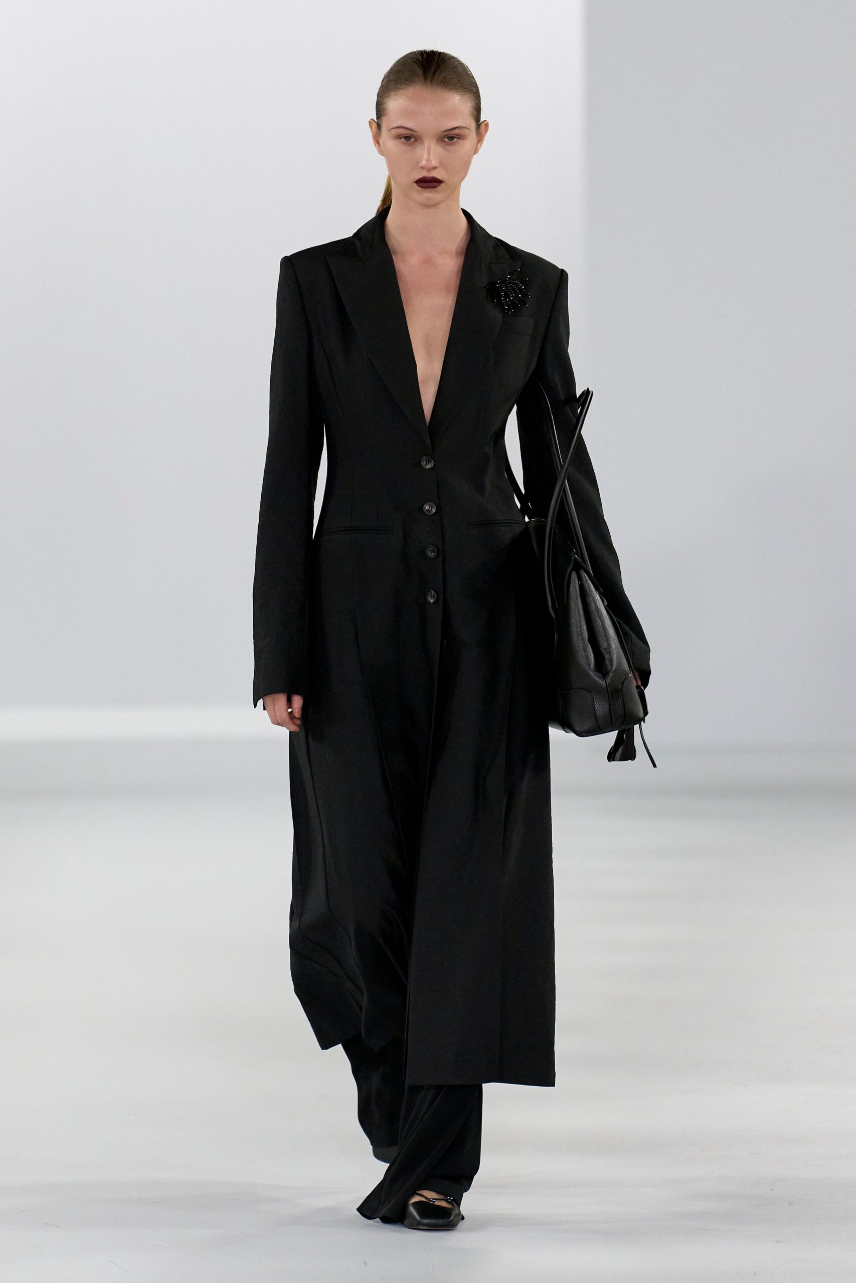 black cotton long-sleeve v-neck fitted straight-leg maxi dress
