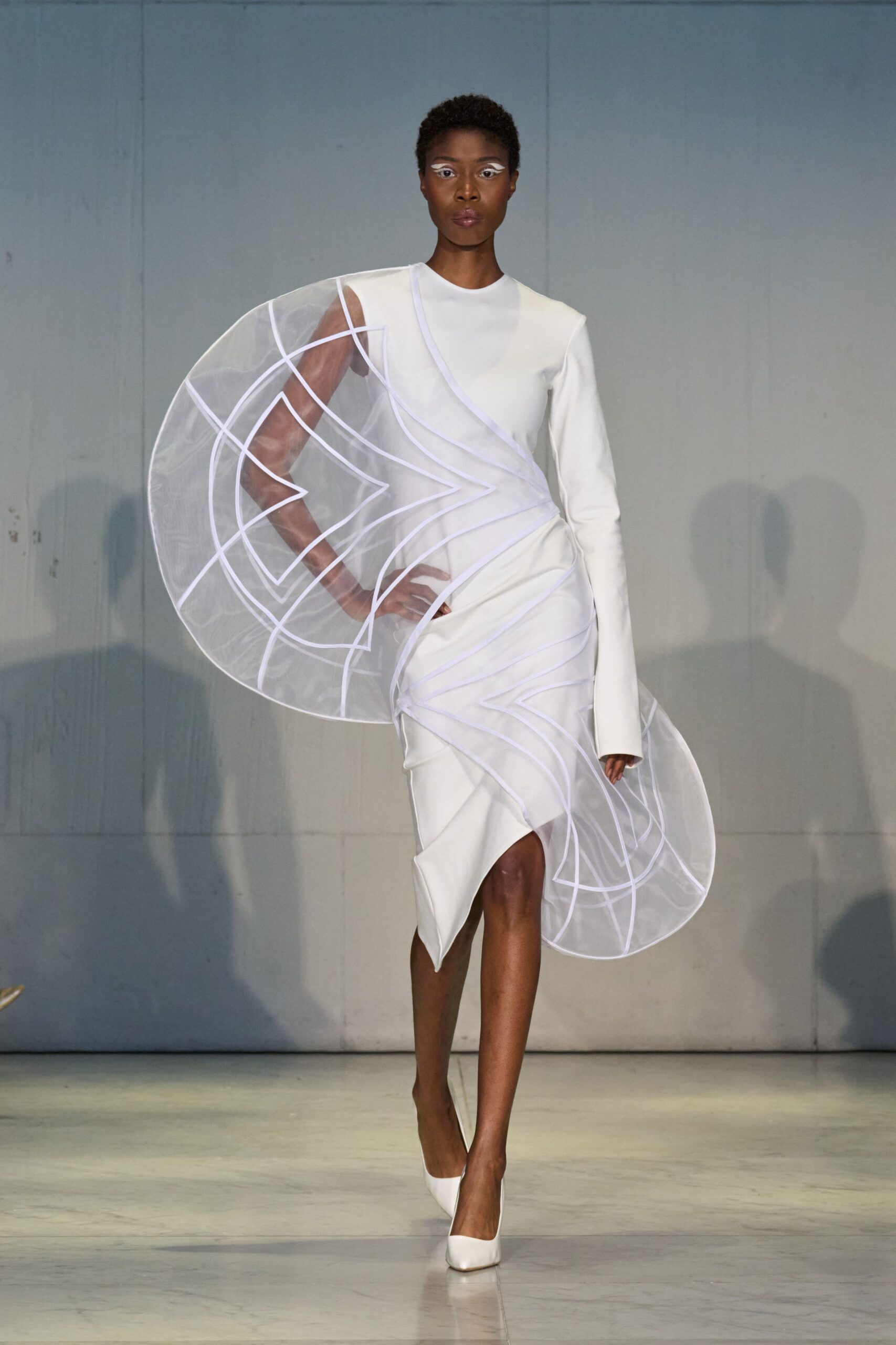 white fitted midi dress with sheer detail