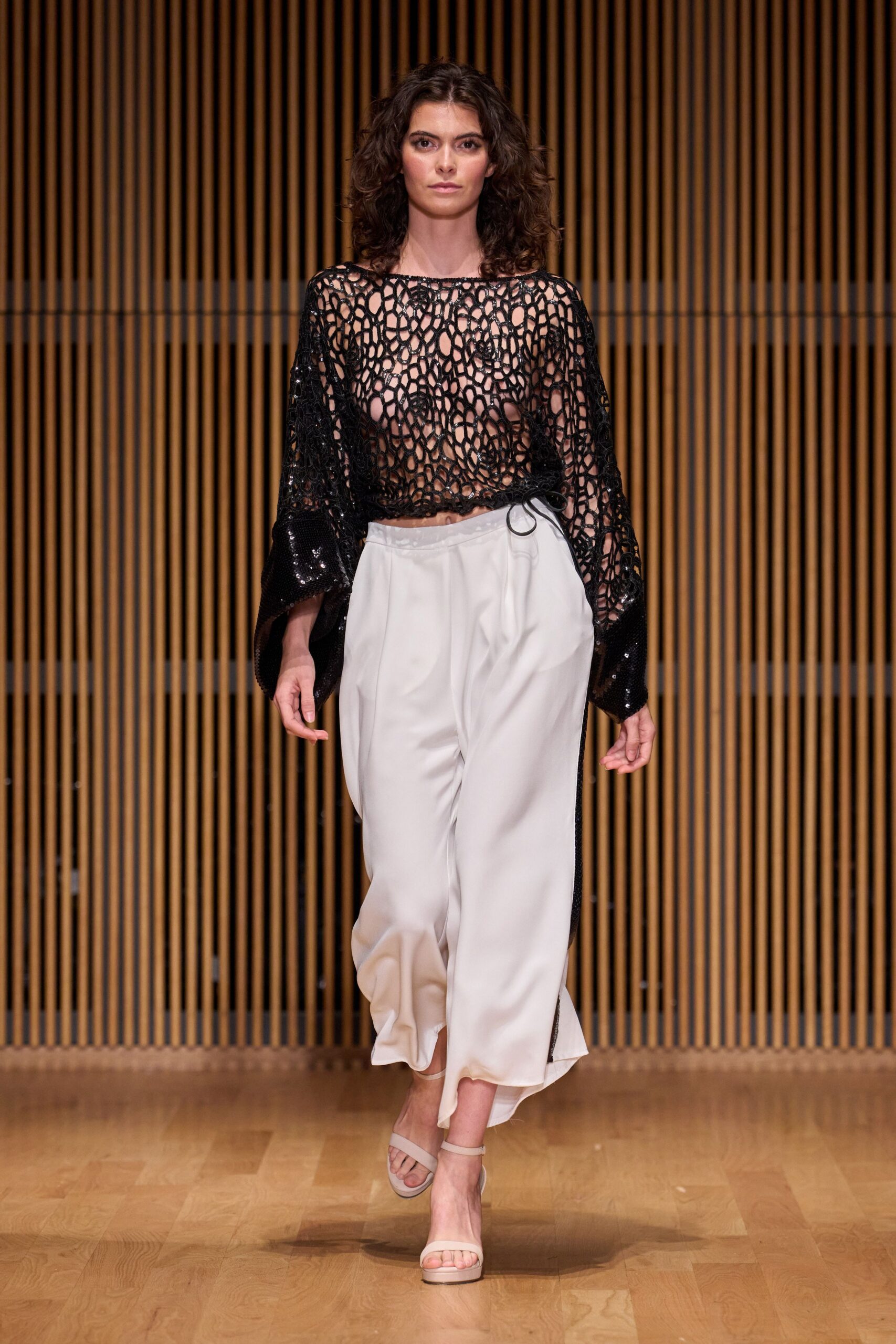 black lace long-sleeve off-shoulder fitted sheer textured top