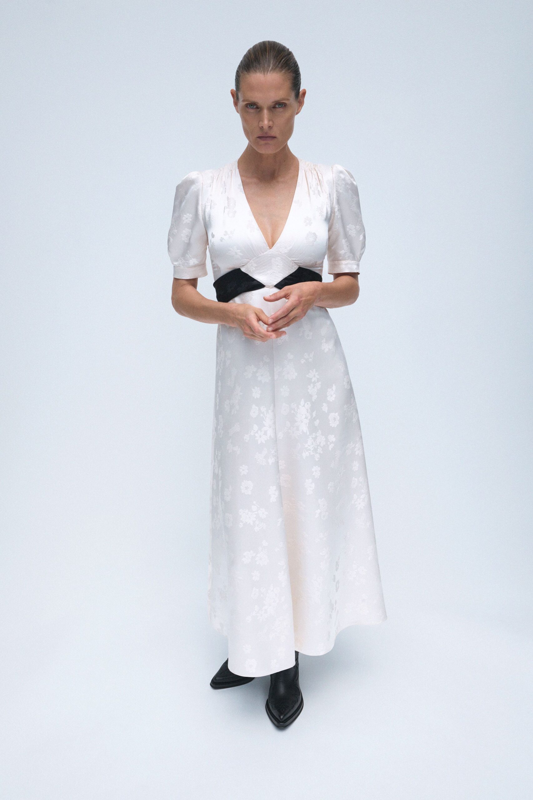 white floral maxi dress with black shoes