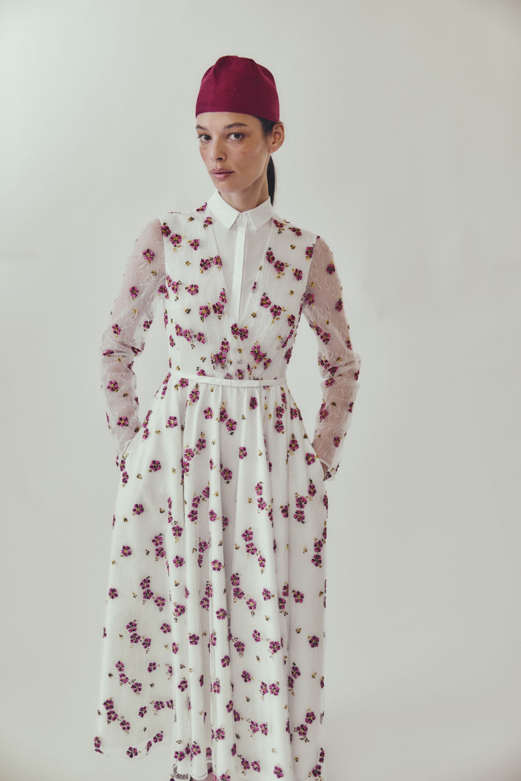 floral midi dress with hat