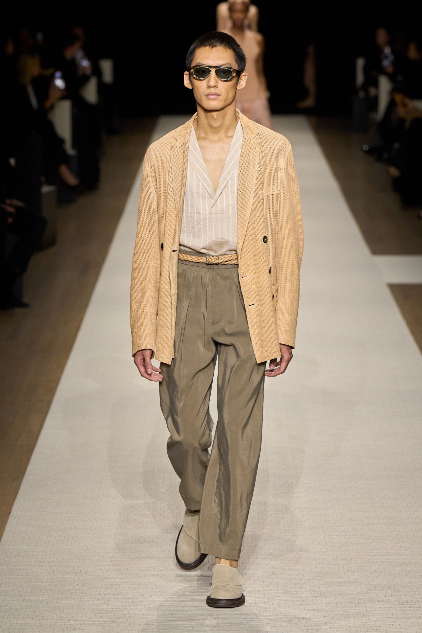 beige tailored blazer with gray pants