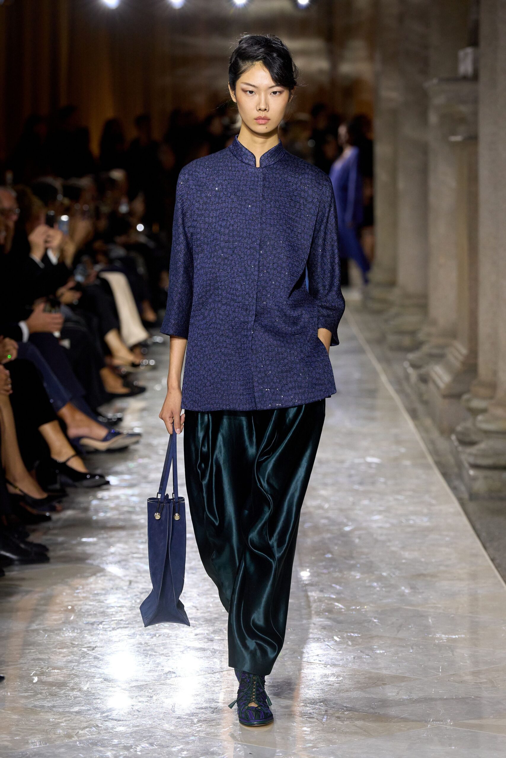 blue silk top green pants