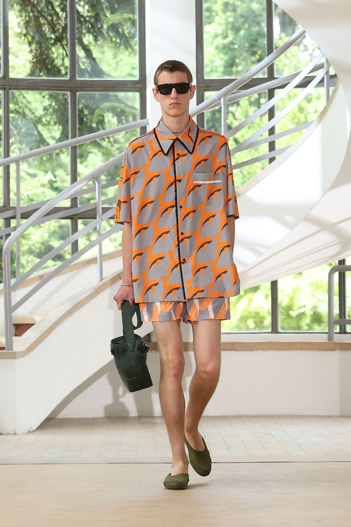 gray cotton short-sleeve collared relaxed printed shirt