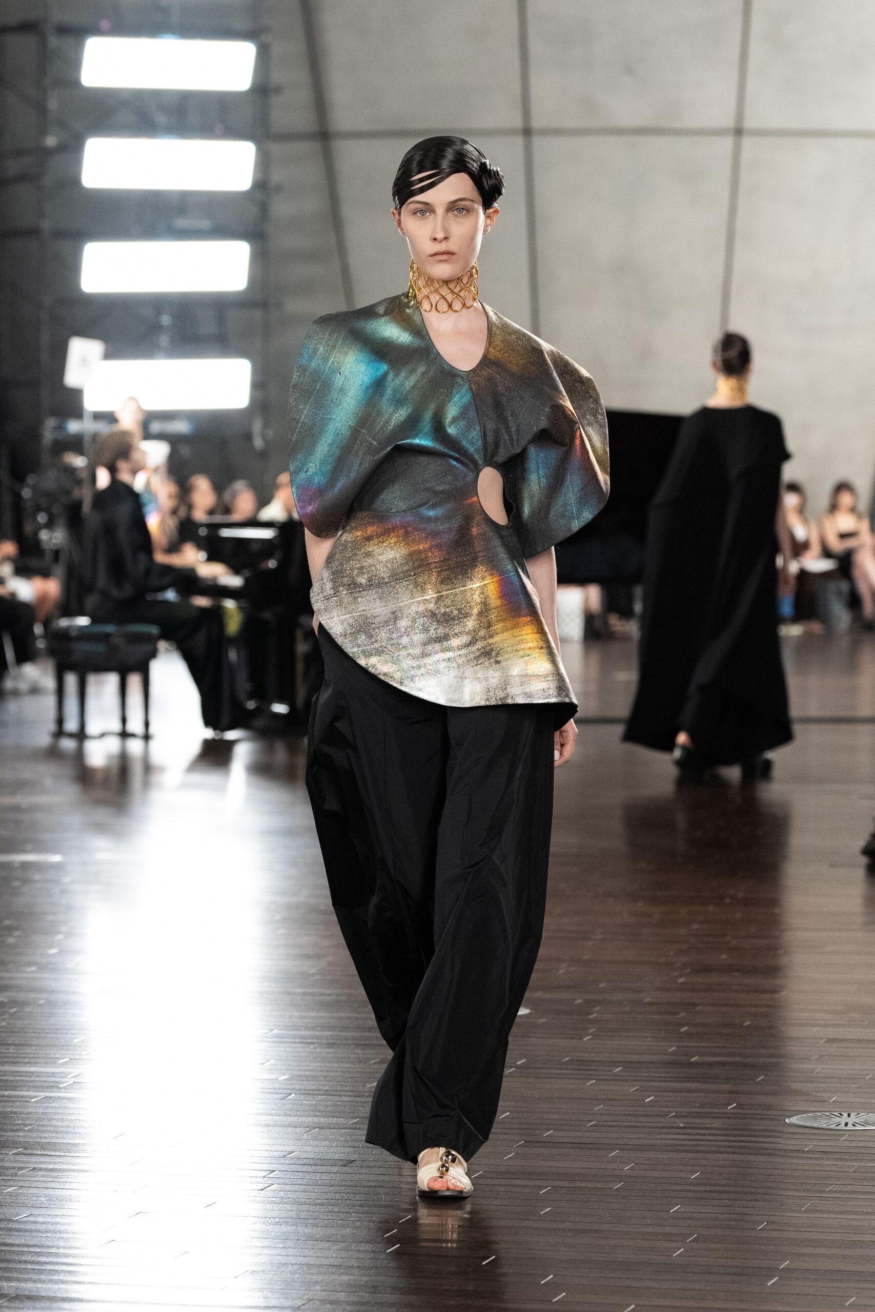 multi metallic sleeveless fitted draped shiny top