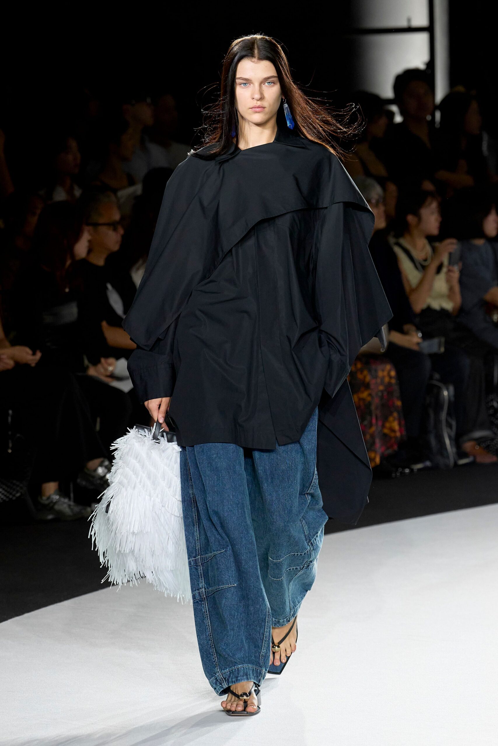 black cotton long-sleeve oversized draped top