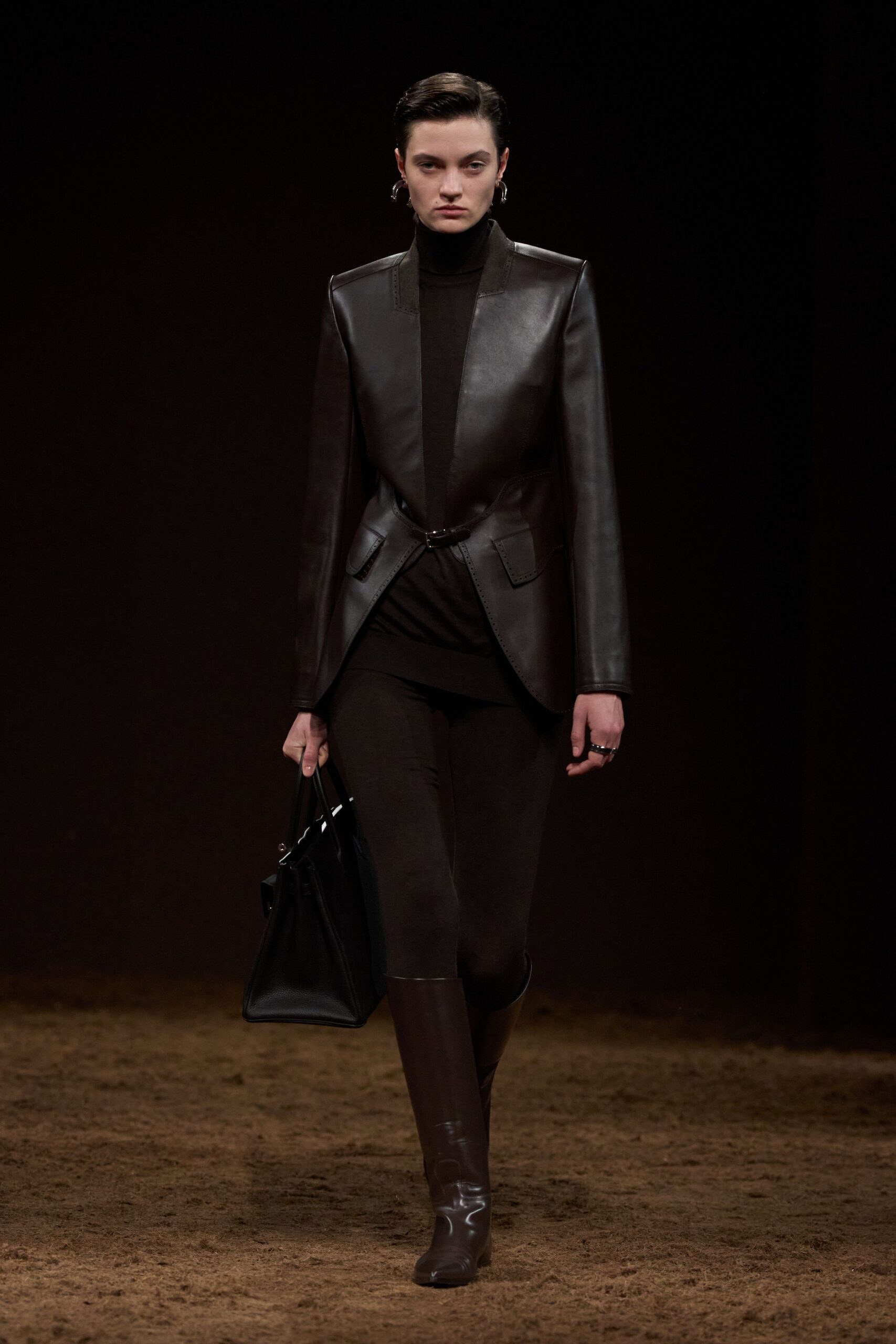 brown leather blazer with black top