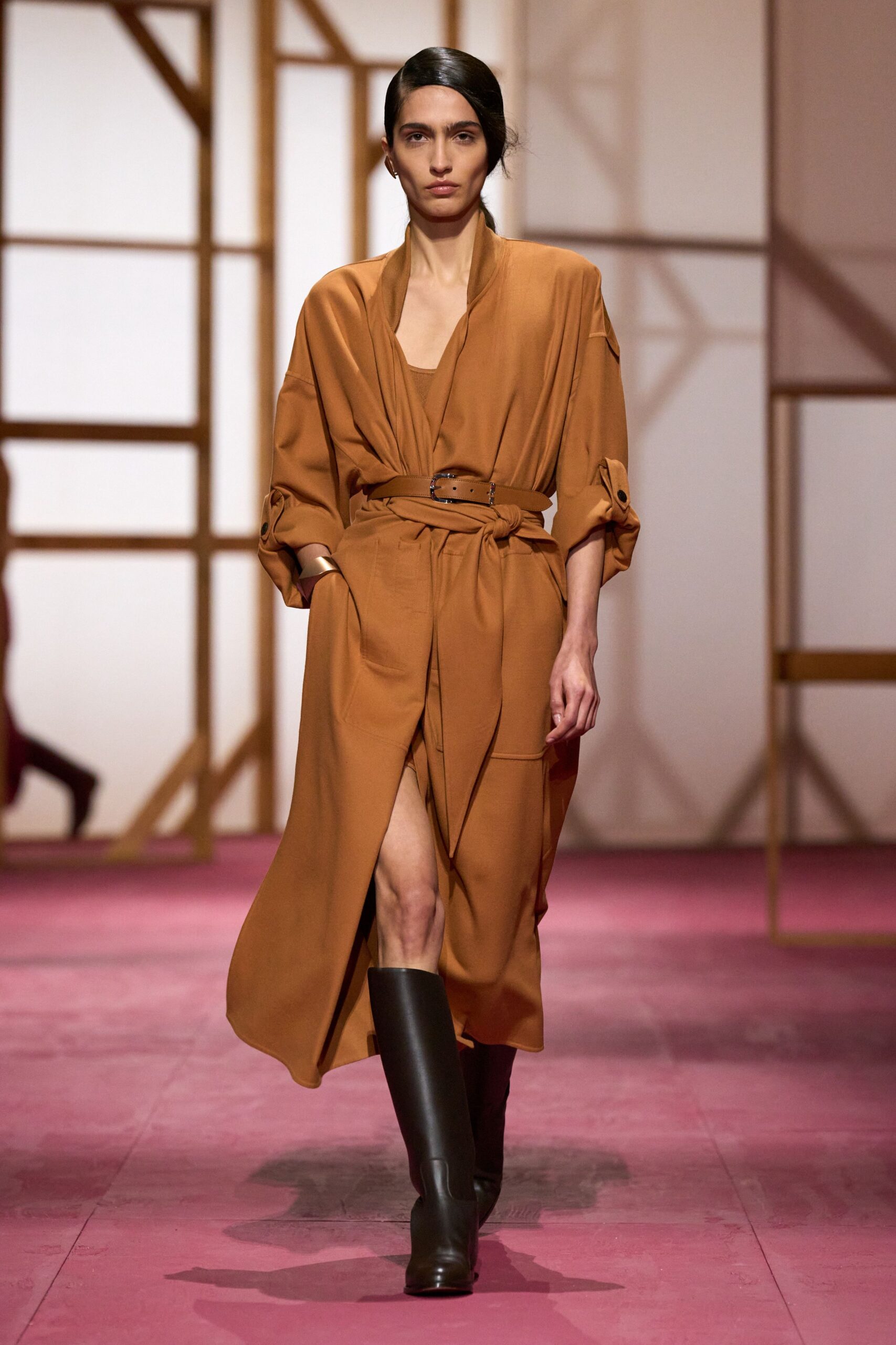 brown belted midi dress with black boots