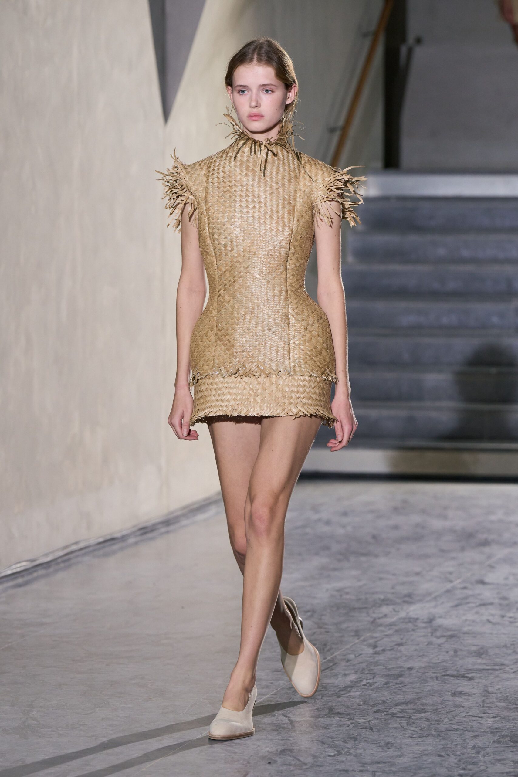 beige ruffled mini dress with shoes