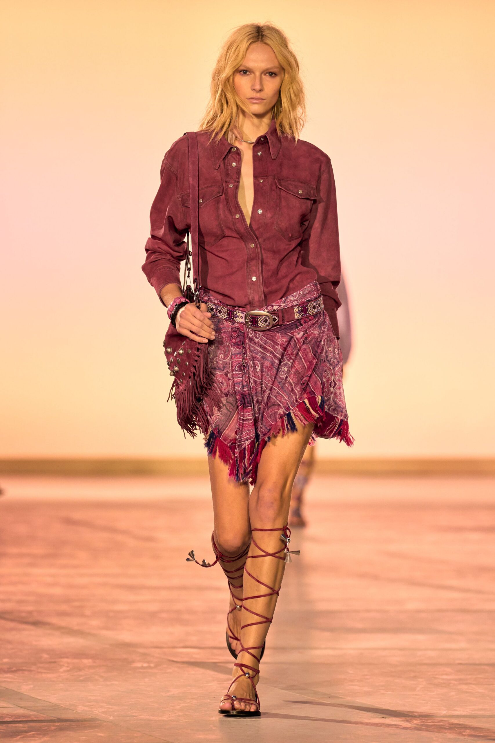 red suede long-sleeve collared fitted buttoned shirt