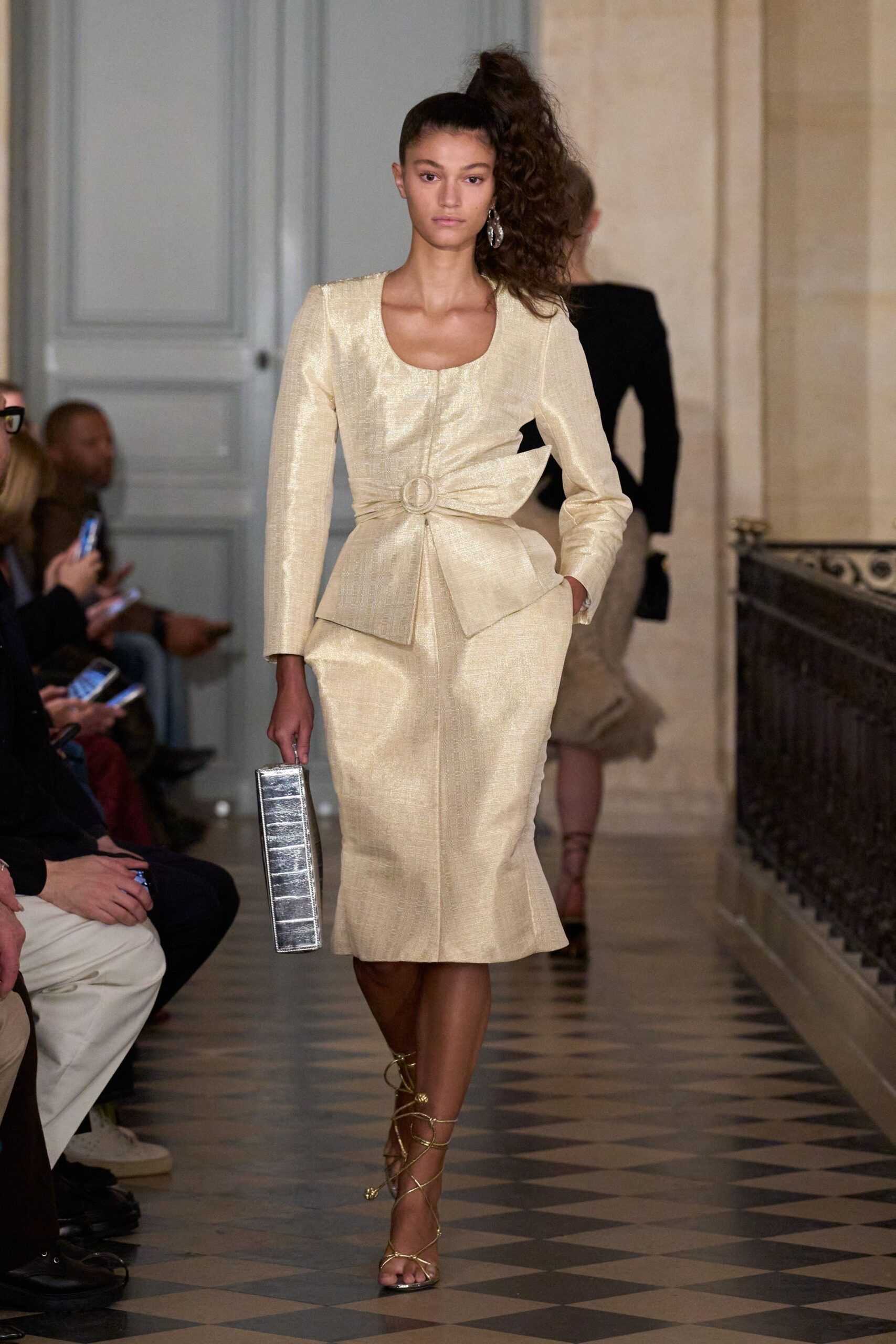 beige silk long-sleeve scoop-neck fitted pleated belted dress