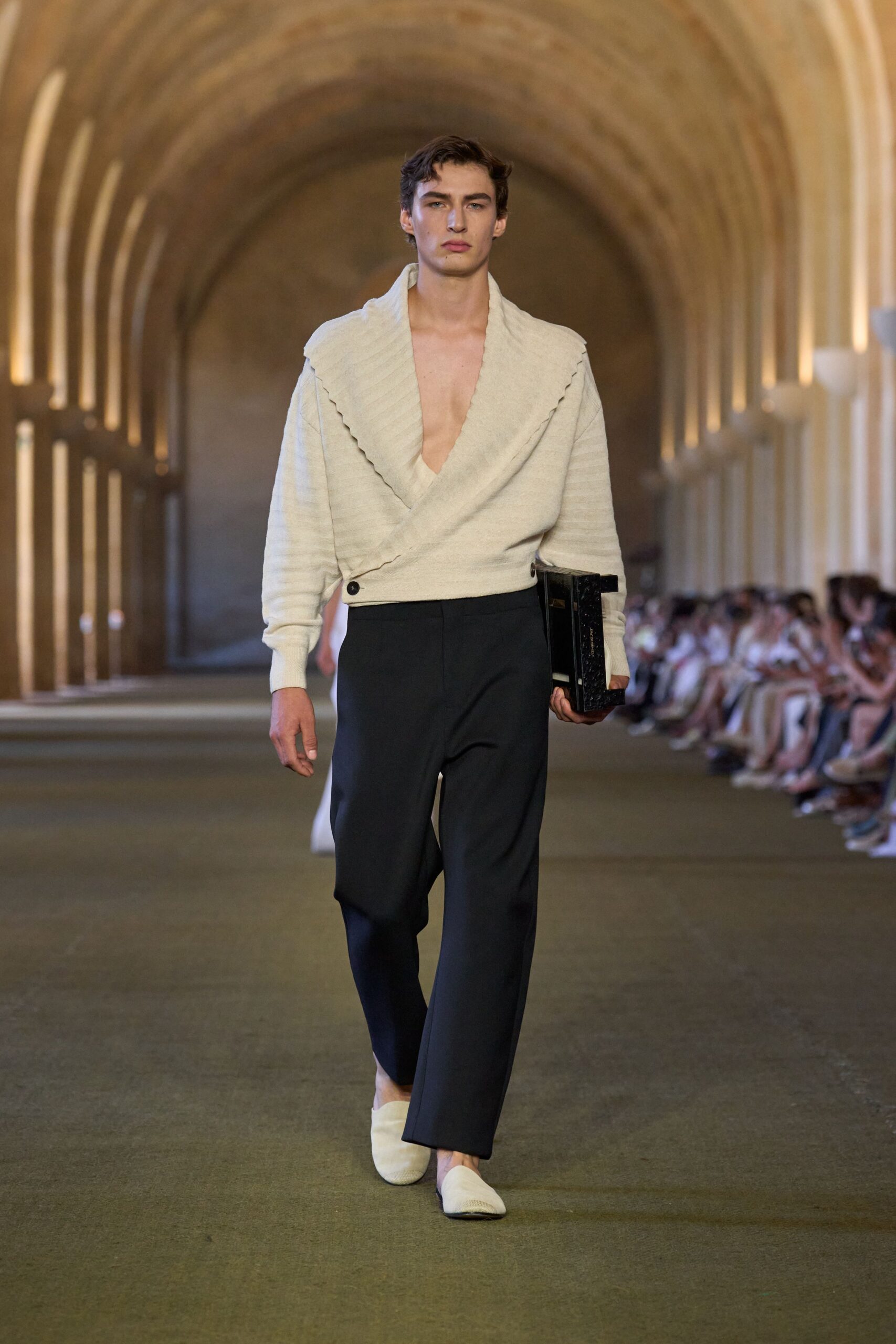 white fitted sweater black pants