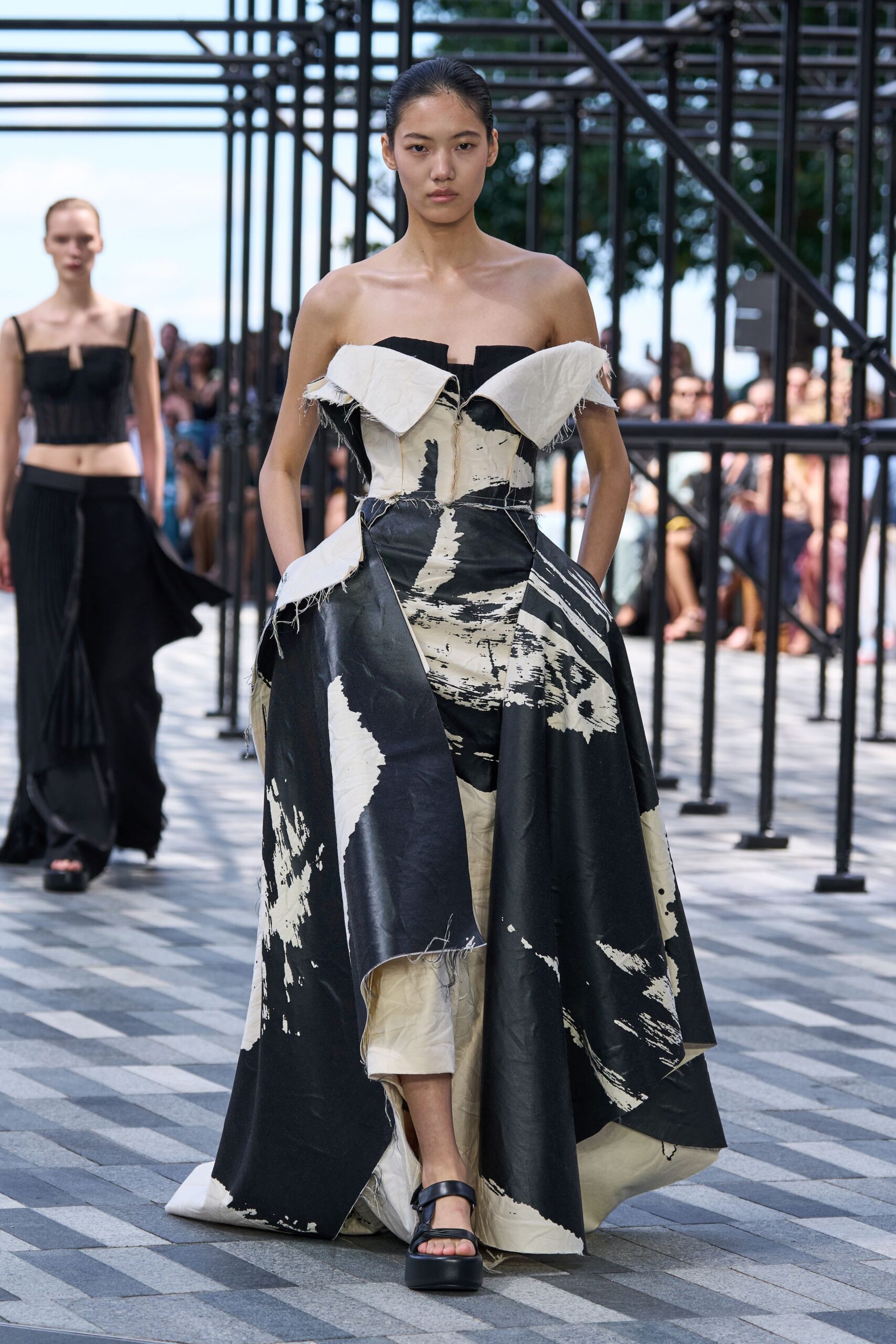 black cotton strapless fitted pleated draped maxi gown