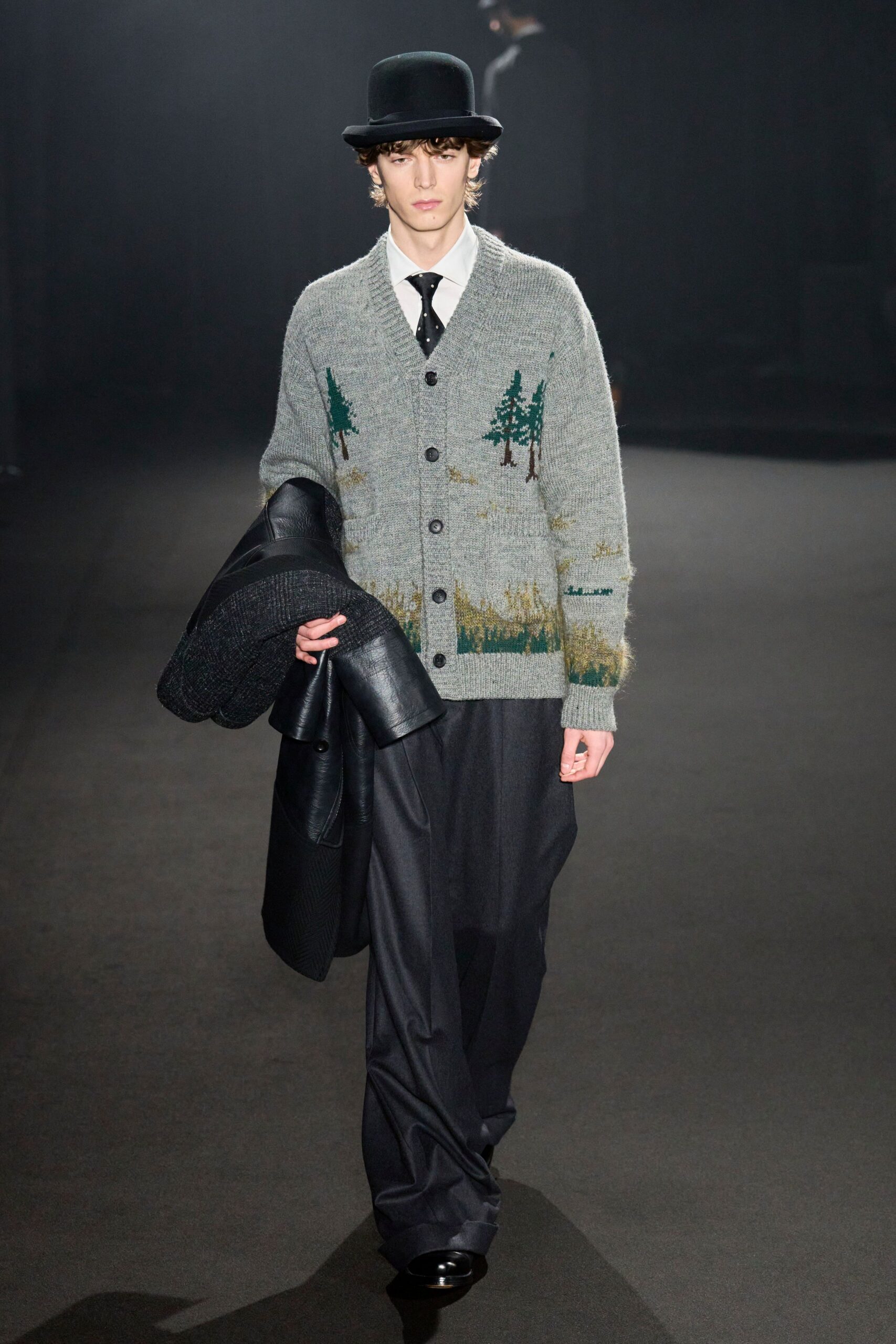 gray wool cardigan with black pants