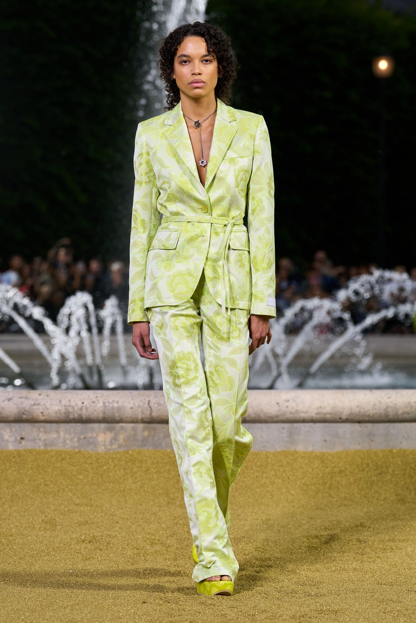 green cotton long-sleeve v-neck fitted floral belted suit