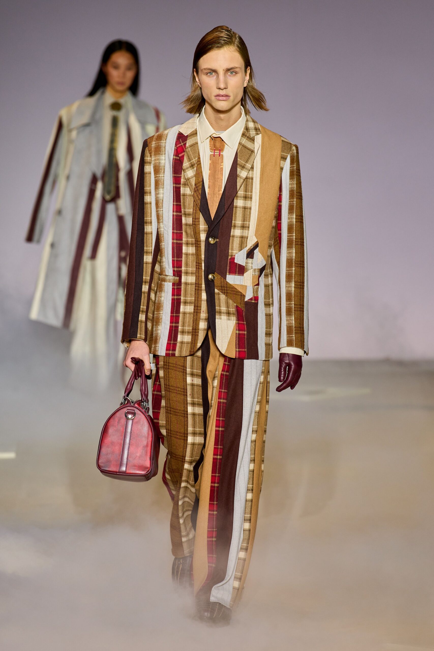 brown checked tailored suit