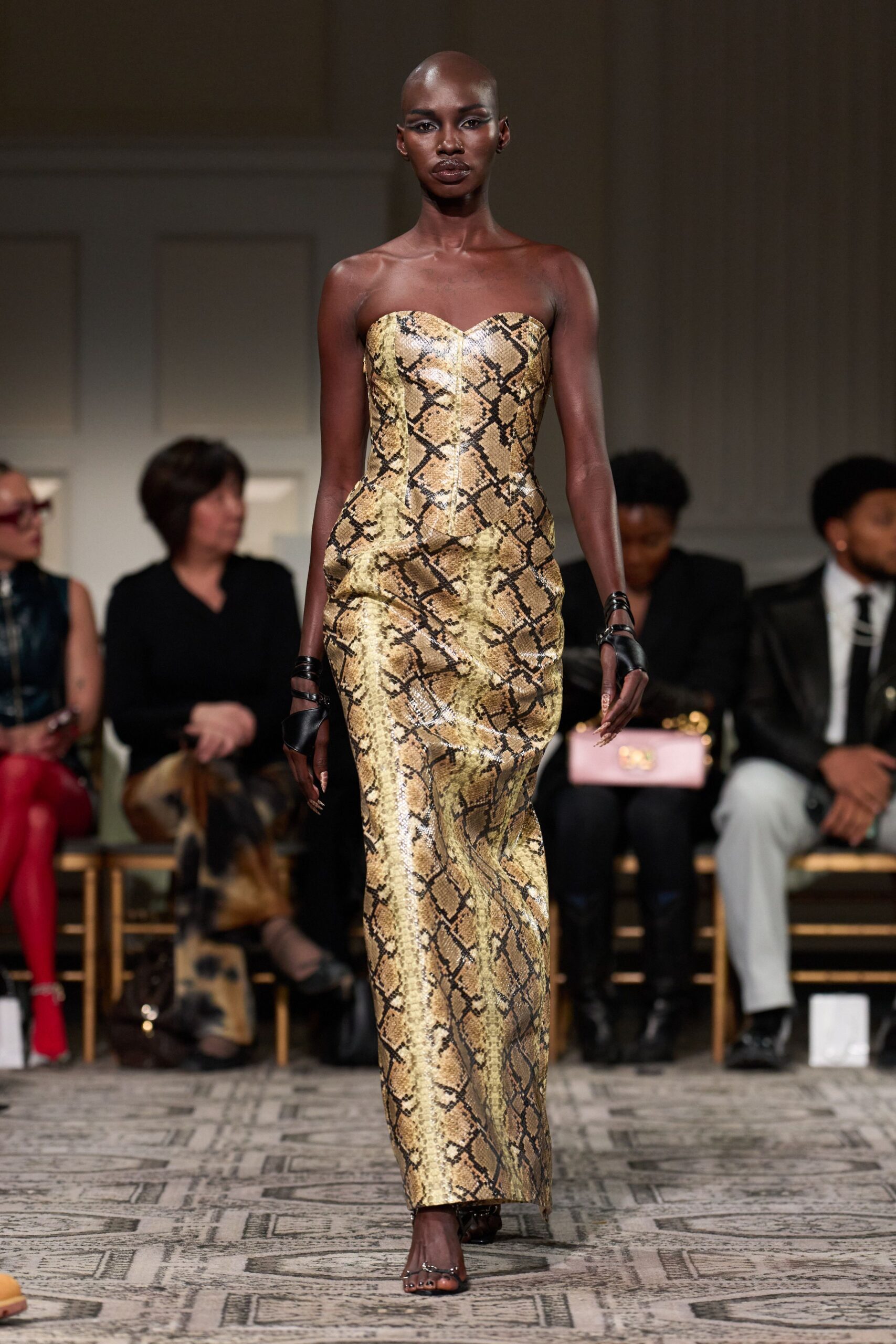 gold silk strapless fitted embellished maxi gown