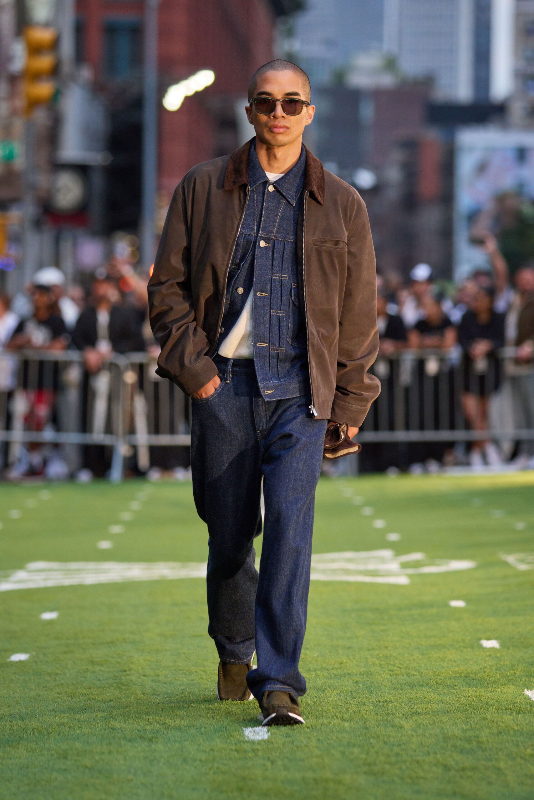 brown suede jacket with denim