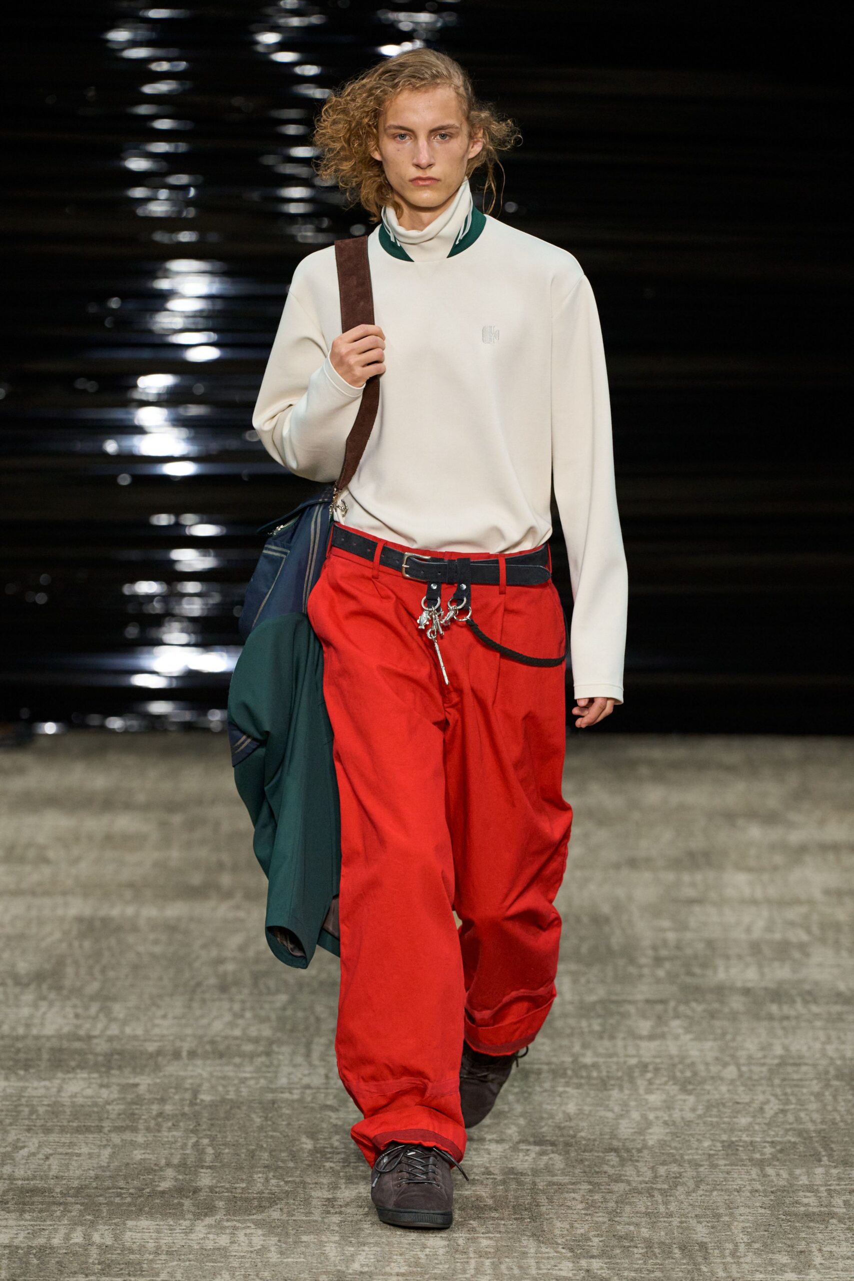white relaxed top with red pants