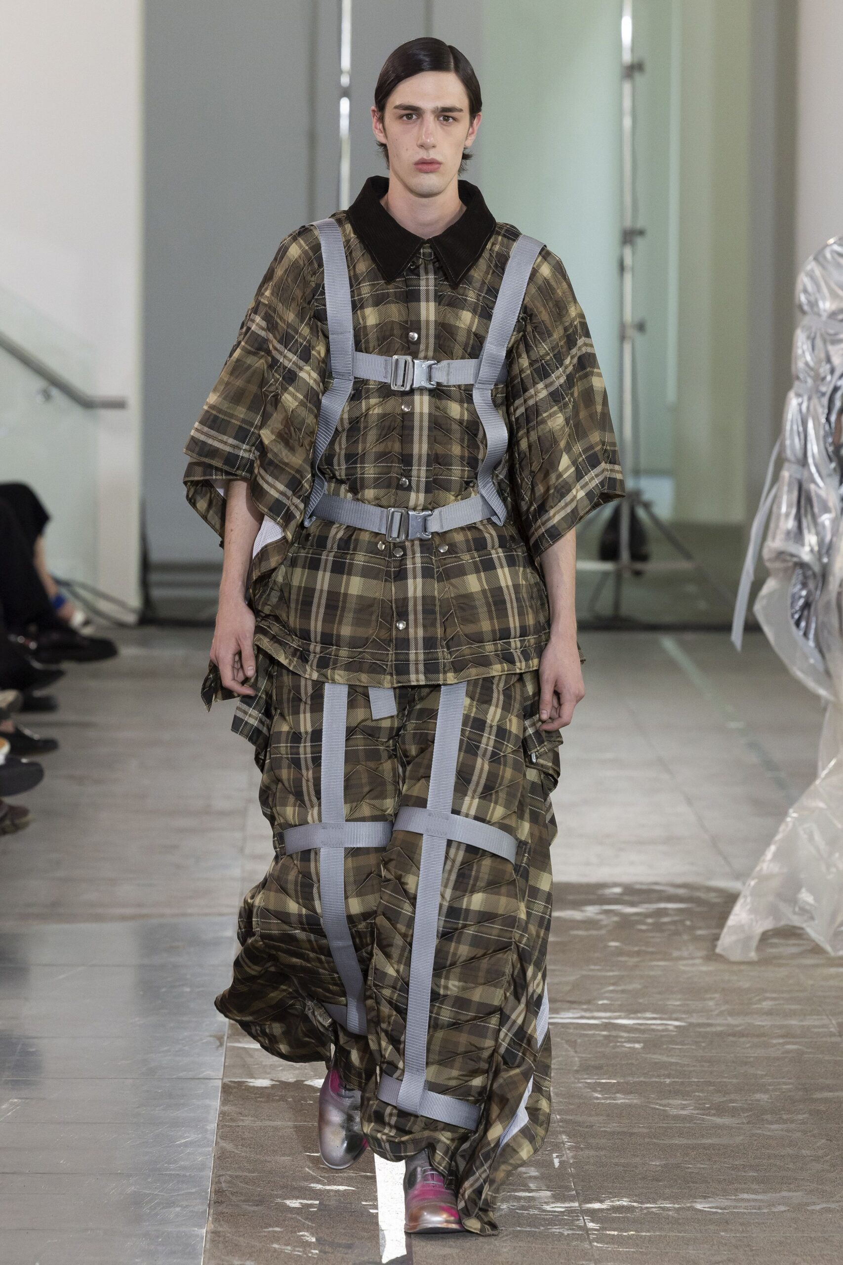 green and black checked maxi dress with shoes