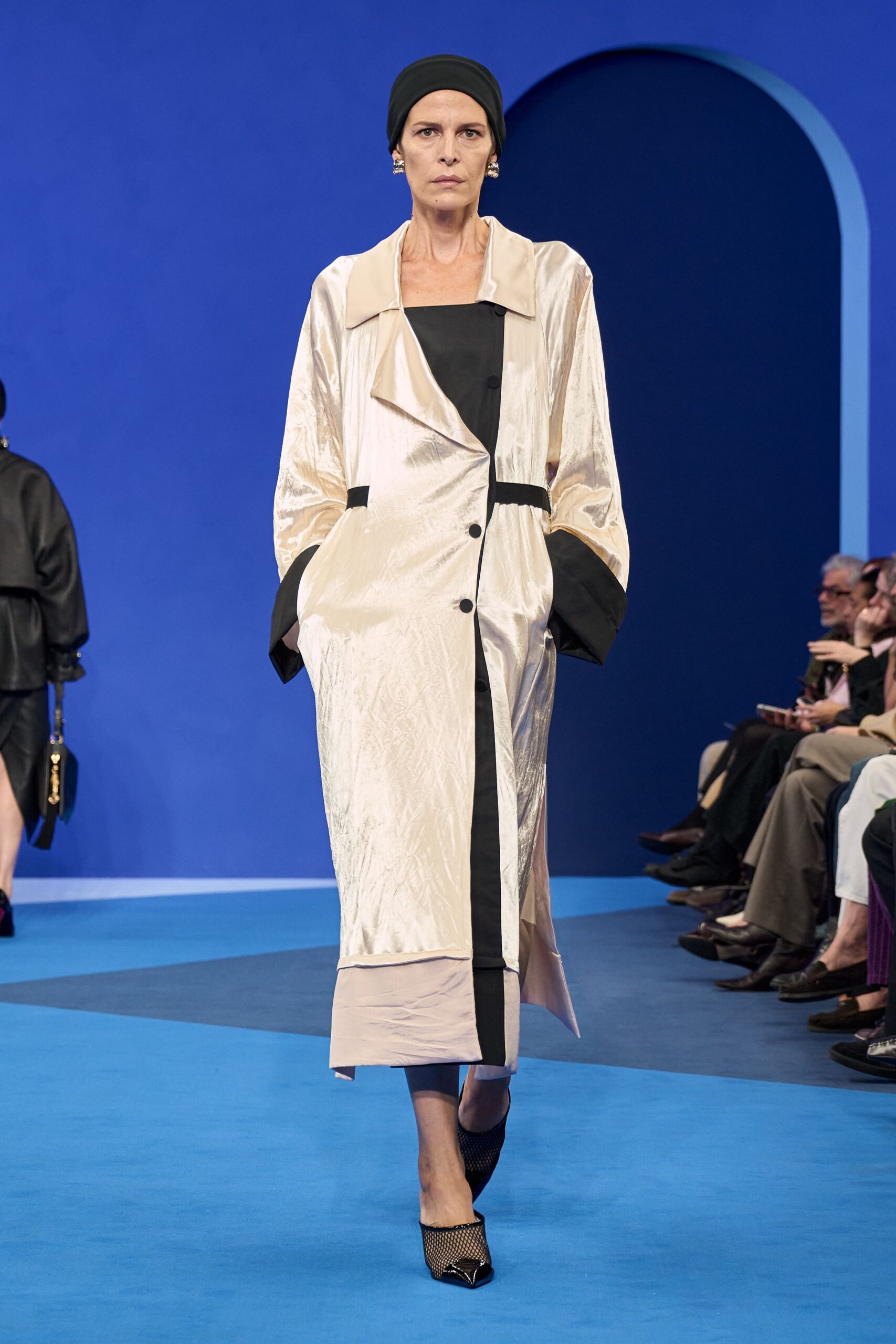 beige silk long-sleeve collared relaxed buttoned layered coat