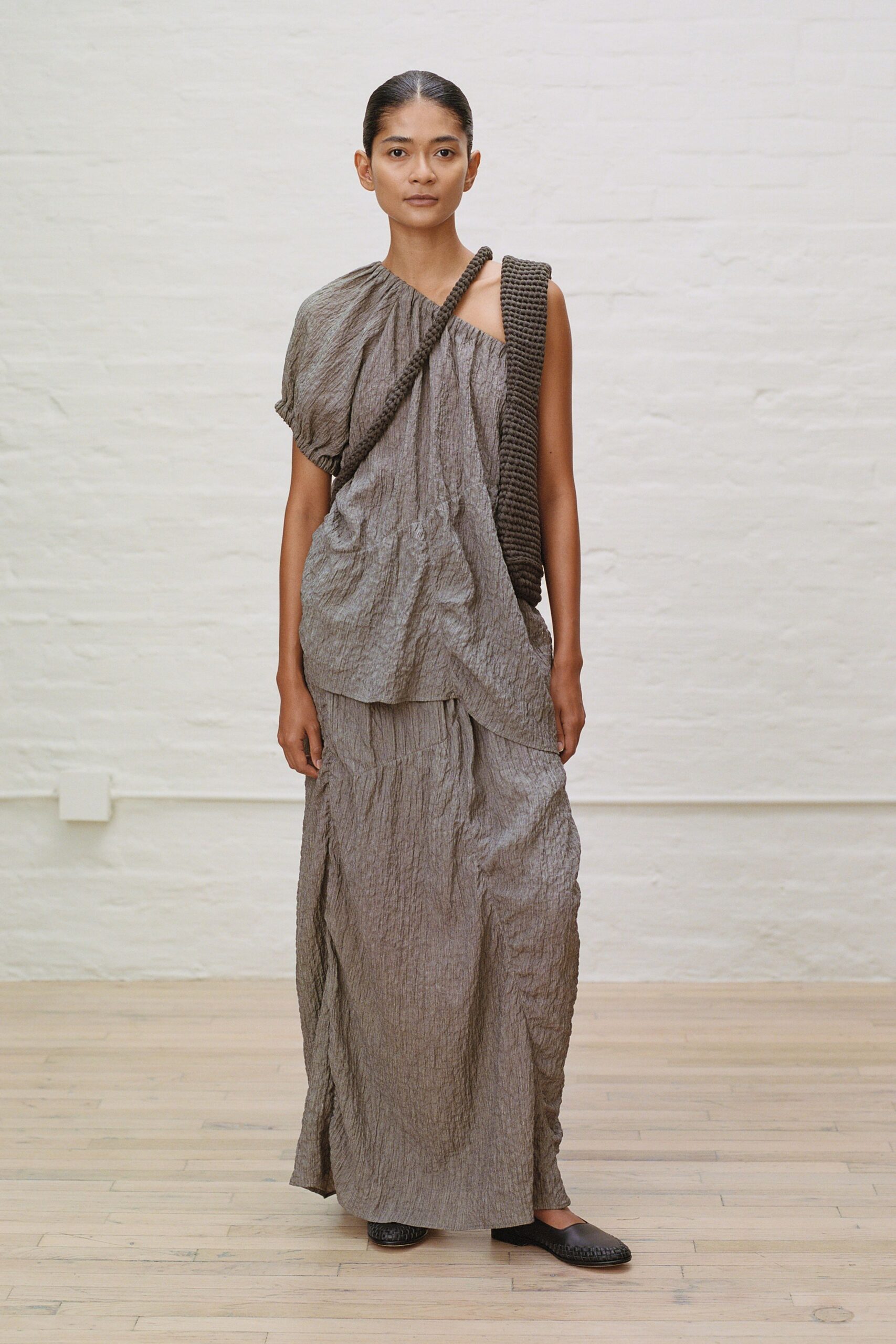gray cotton sleeveless relaxed pleated draped maxi dress
